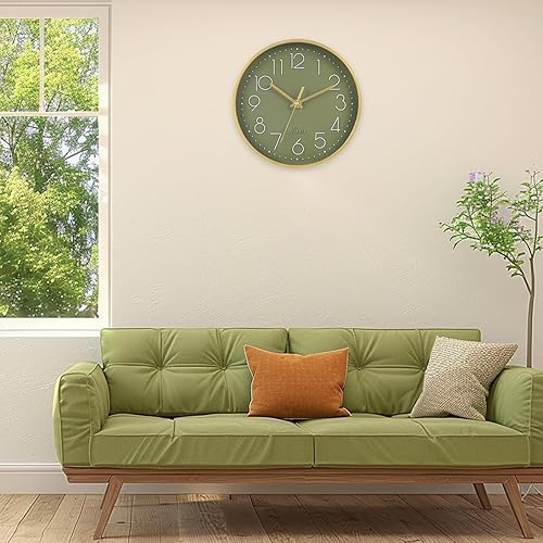 Miniatura 3 de Reloj de pared verde, de 8 pulgadas, moderno, funciona con pilas, silencioso, sin tictac, para dormitorio, cocina, oficina, baño (oro oliva)