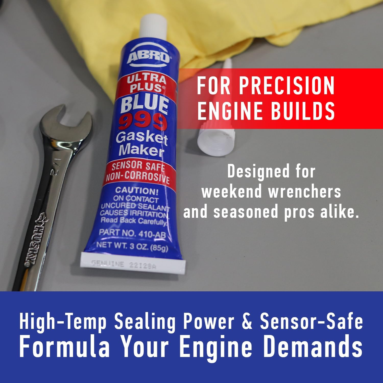 ABRO Ultra Plus 999 RTV Silicone Sealant and Gasket Maker, for Import Engines, Sensor Safe, Non-Corrosive, High Temp Head Gasket Sealer, 650 Degrees F, 3 oz. Tube - Blue