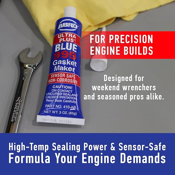 ABRO Ultra Plus 999 RTV Silicone Sealant and Gasket Maker, for Import Engines, Sensor Safe, Non-Corrosive, High Temp Silicone Sealant, 650 Degrees F, 3 oz. Tube - Blue