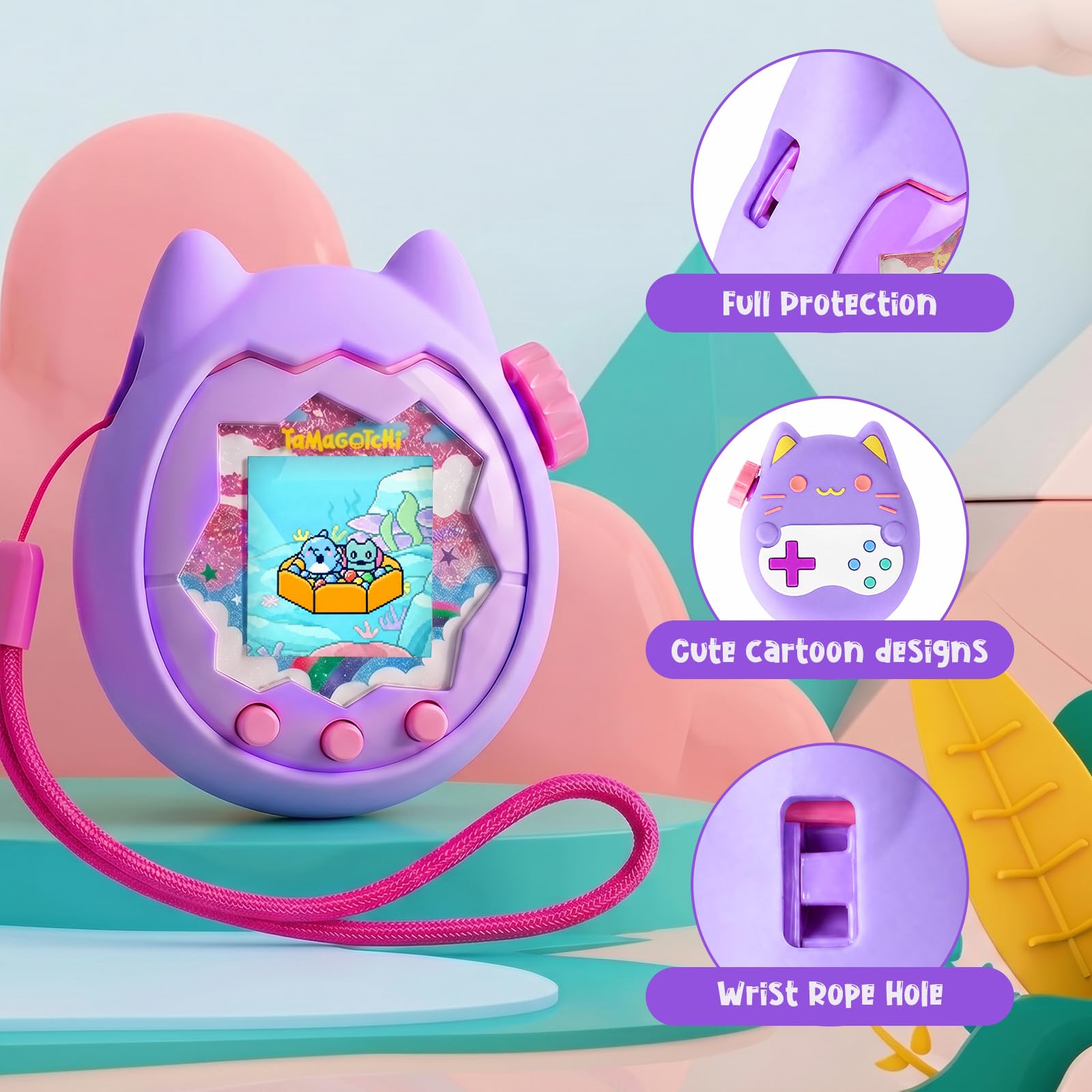 Silikon Hülle und Hartschalenkoffer kompatibel mit Tamagotchi Paradise Virtuelles Haustierspielzeug, Schutzhülle für Tamagotchi Paradise mit Handschlaufe, Bildschirmschutz und Umhängeband (Lila)