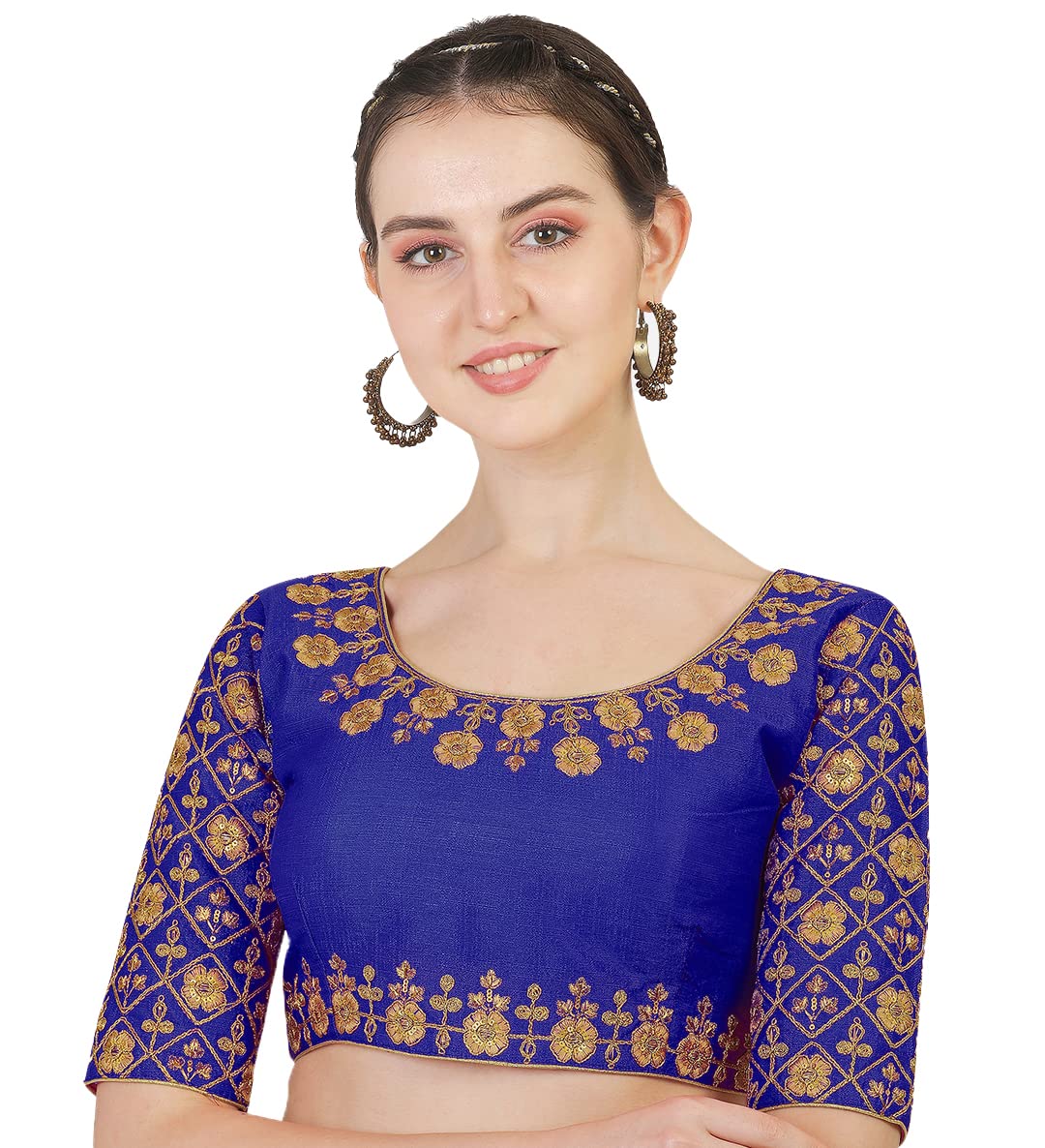 Pujia Mills Women's Phantom Silk Embroidery Handwork Work Half Sleeve Readymade Saree Blouse (Madhubala Blouse_Royal Blue_ 36 Size +Margin