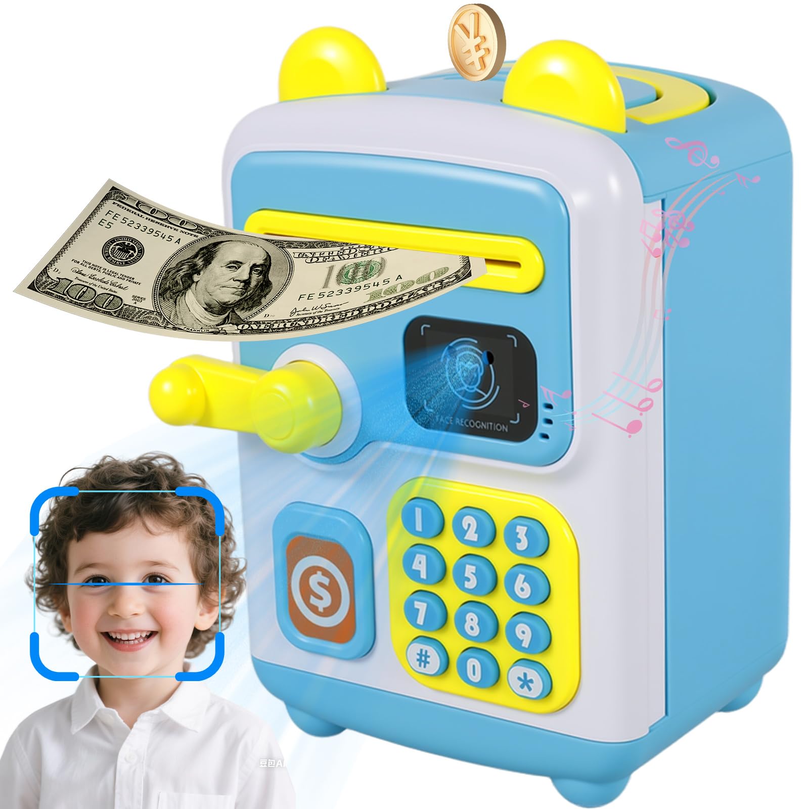 Electronic Piggy Bank, Auto Scroll Paper, Face ID Password Safe Unlocking Atm Money Box, Cash and Coin Saving Box Atm Toy Gifts for 3-12 Year Kids Boys Girls(Blue)