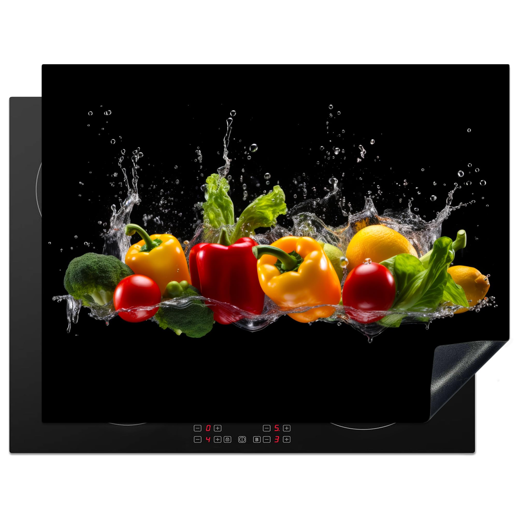 KitchenYeah© Induction Hob Protector Mat 23.2"x30.3" / 77x59 cm Cooker Top Protectors Cover Ceramic Covers Electric Hobs Vinyl Sweet Pepper - Water - Vegetable - Black