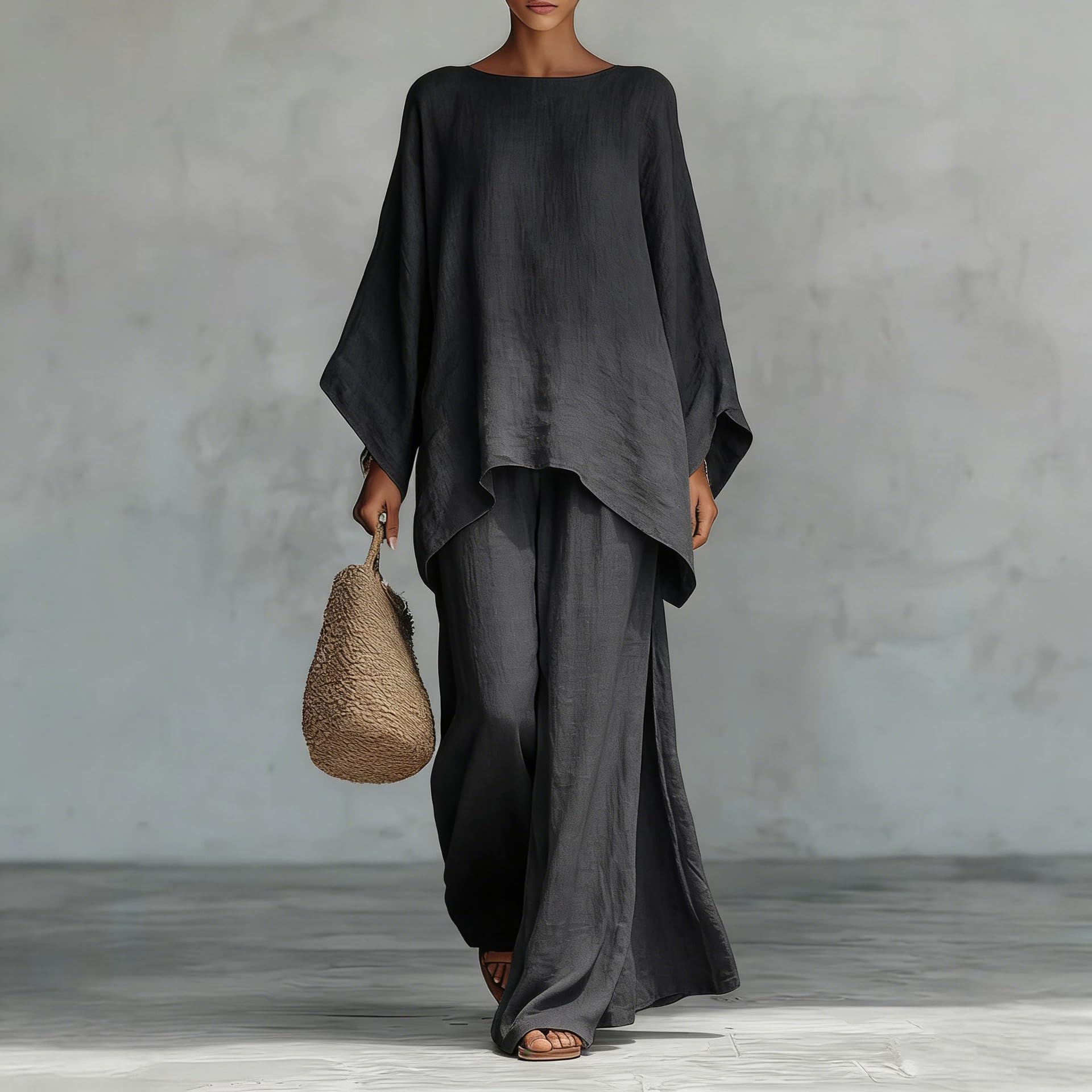 Generico Completo da Casa da Donna Composto da T-Shirt Oversize A Maniche Lunghe E Pantaloni A Gamba Larga. Elegante Abbigliamento Casual E Leggero, Perfetto per Viaggi E Vacanze.
