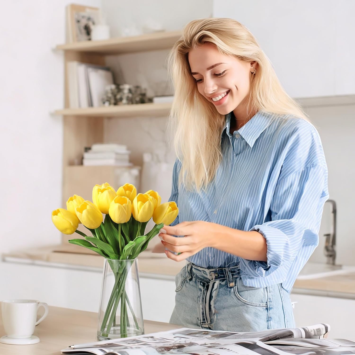 GAOMON Artificial Flowers Yellow Tulips Faux Water Arrangement, 10 Stems Artificial Plants & Flowers for Home Decoration and Wedding Centerpieces - Image 7