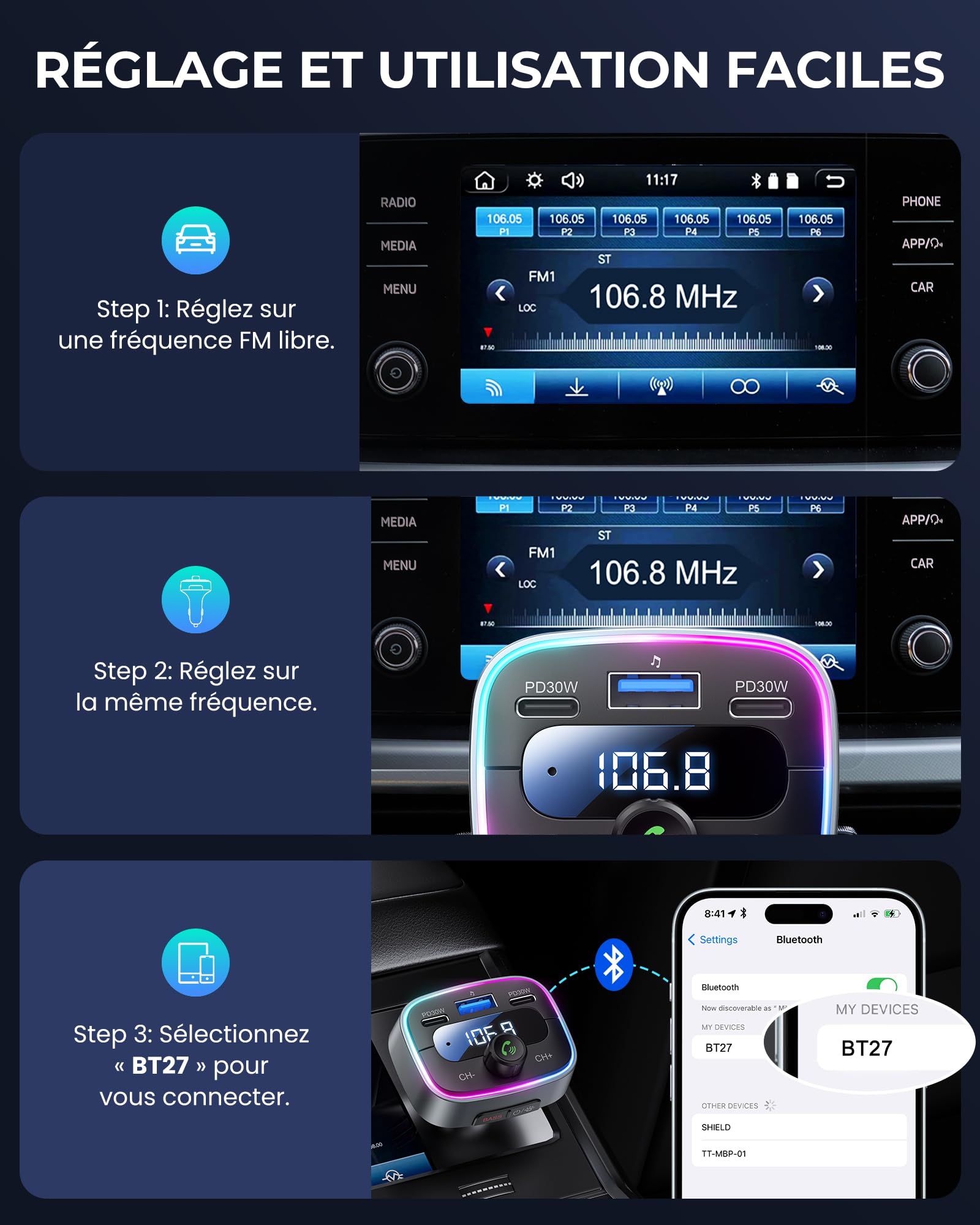 LENCENT Transmetteur FM Bluetooth Voiture, Allume Cigare Bluetooth 5,4 Charge Rapide 60W PD 30W 2 USB C Adaptateur Radio Lecteur de Musique Main Libre Appel/Basse Hi-FI/LED 7 Couleurs/Support Clé USB