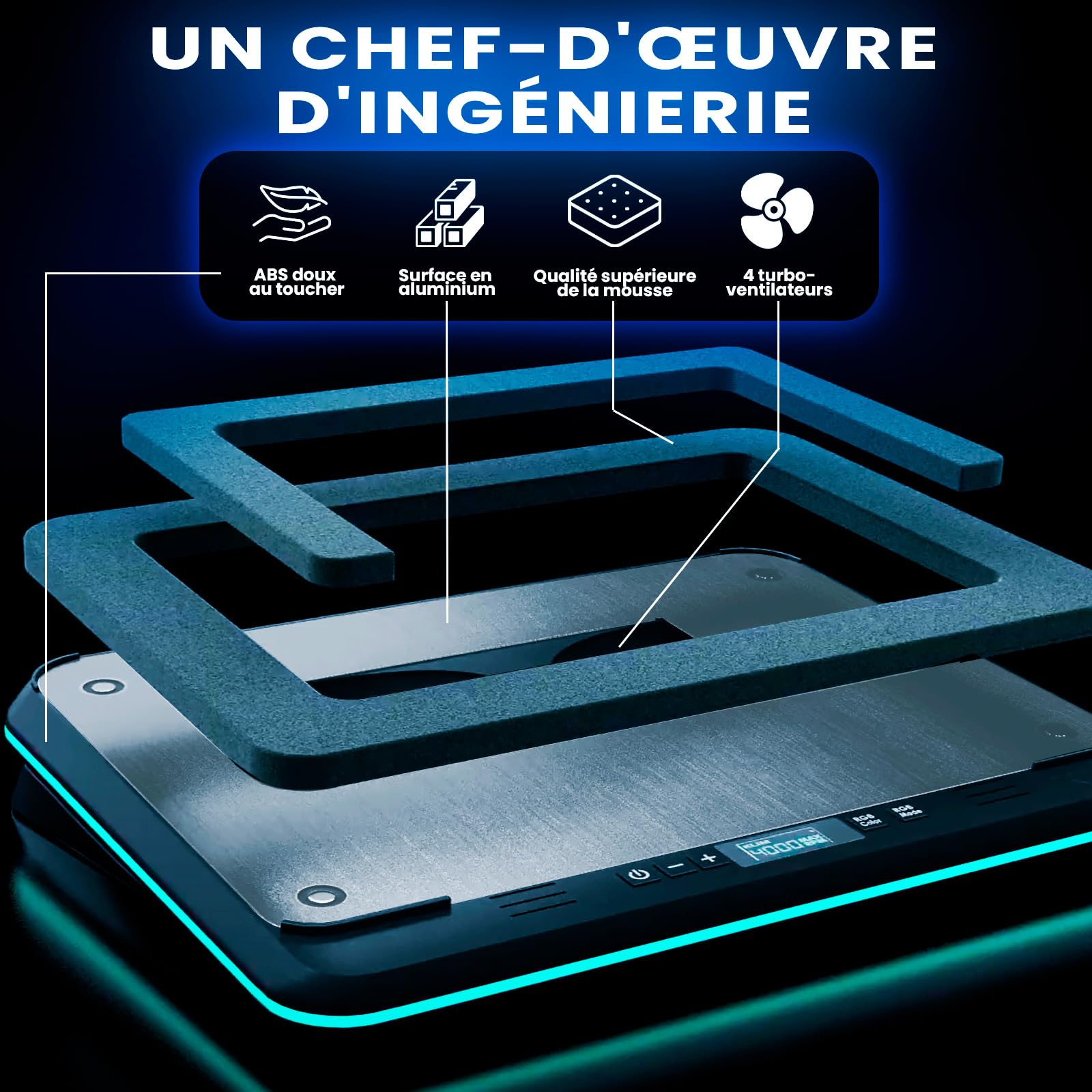 KLIM Turbofrost Refroidisseur PC Portable 4 Turbo Ventilateurs - 4x4000 RPM, 4 Ports USB, RGB Dynamique, 2 Modes d'alimentation USB-C/DC, Mousse Isolante - Support PC Portable 14-17in - Espace Gris