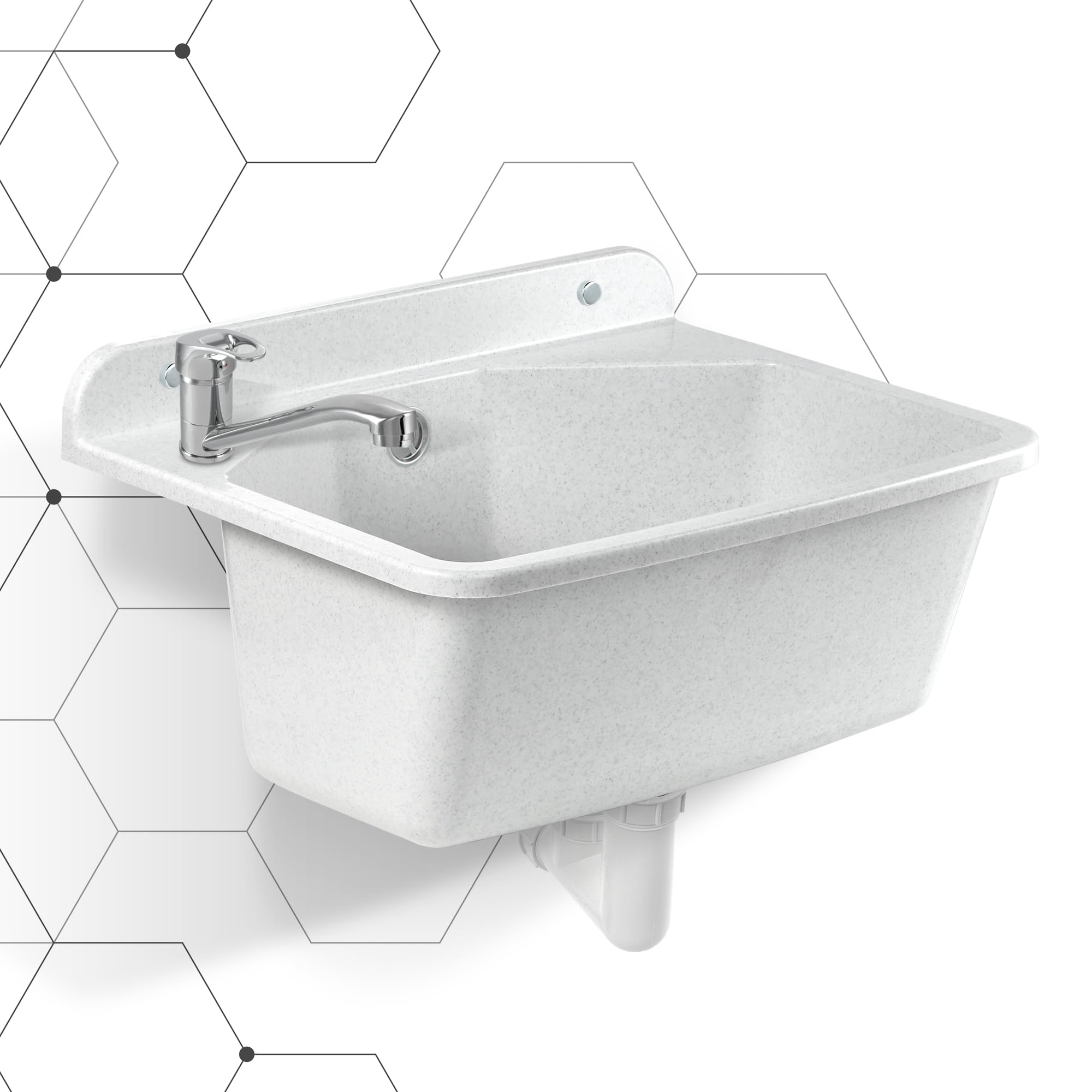gospo Fregadero con grifo, sifón, 46 x 37 x 20 cm, lavabo de plástico, para jardín, garaje, sótano, taller, montaje en pared, fregadero, incluye accesorios (blanco)