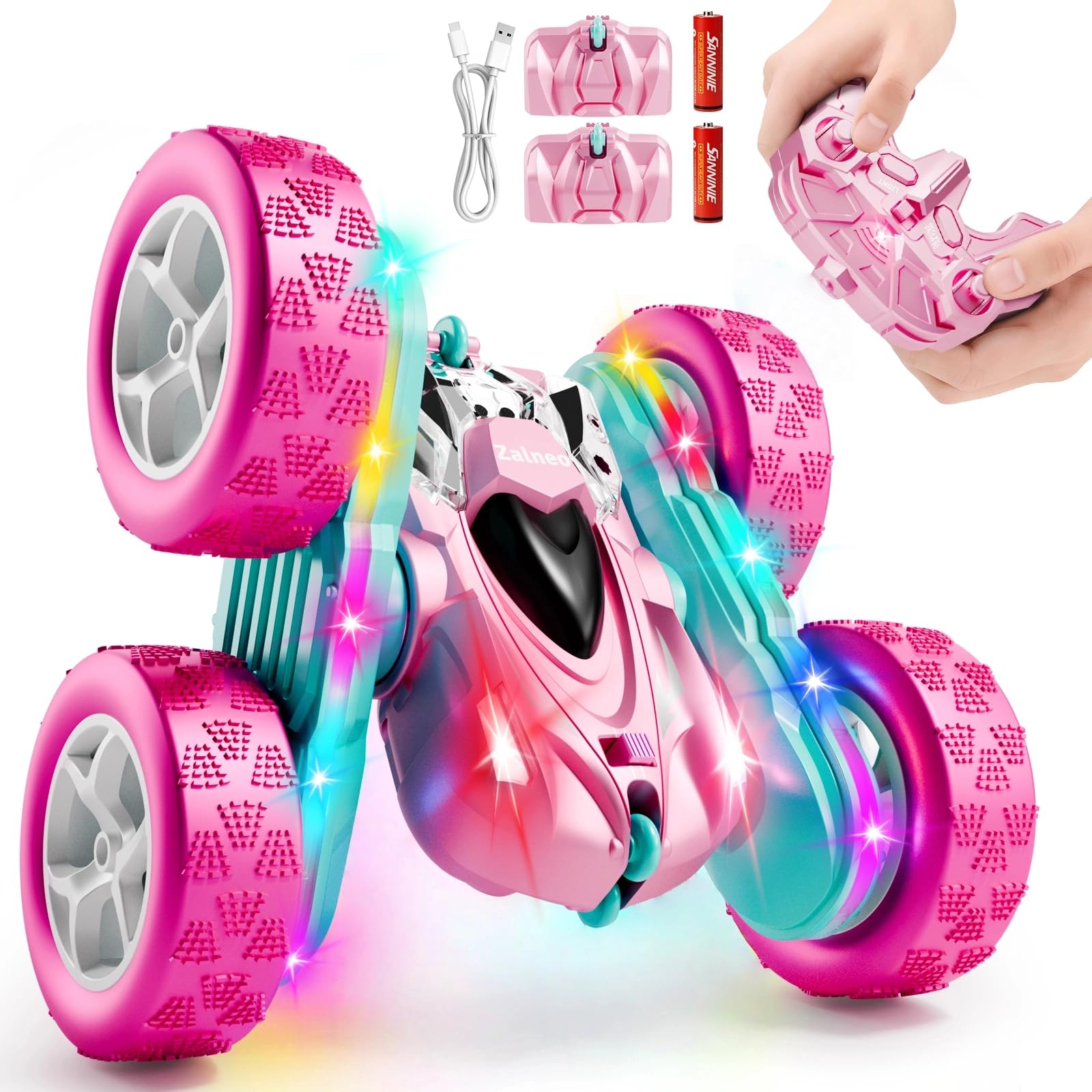 RC Car Pink 4WD Remote Control Car 360° Flip Double‑Sided LED Light Bar &amp; Quick‑Swap USB‑C Modular Battery, 2.4 GHz No‑Interference Popular Outdoor Beach Toy, Popular Gift for Girls Ages 6‑12