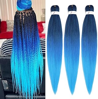 Pre Stretched Braiding Hair Extensions 3 Packs 26 Inch Black Blue Light Blue Ombre Braiding Hair Synthetic Braids Hair Extension for Women Hot Water Setting(26Inch,1B Blue Light Blue)