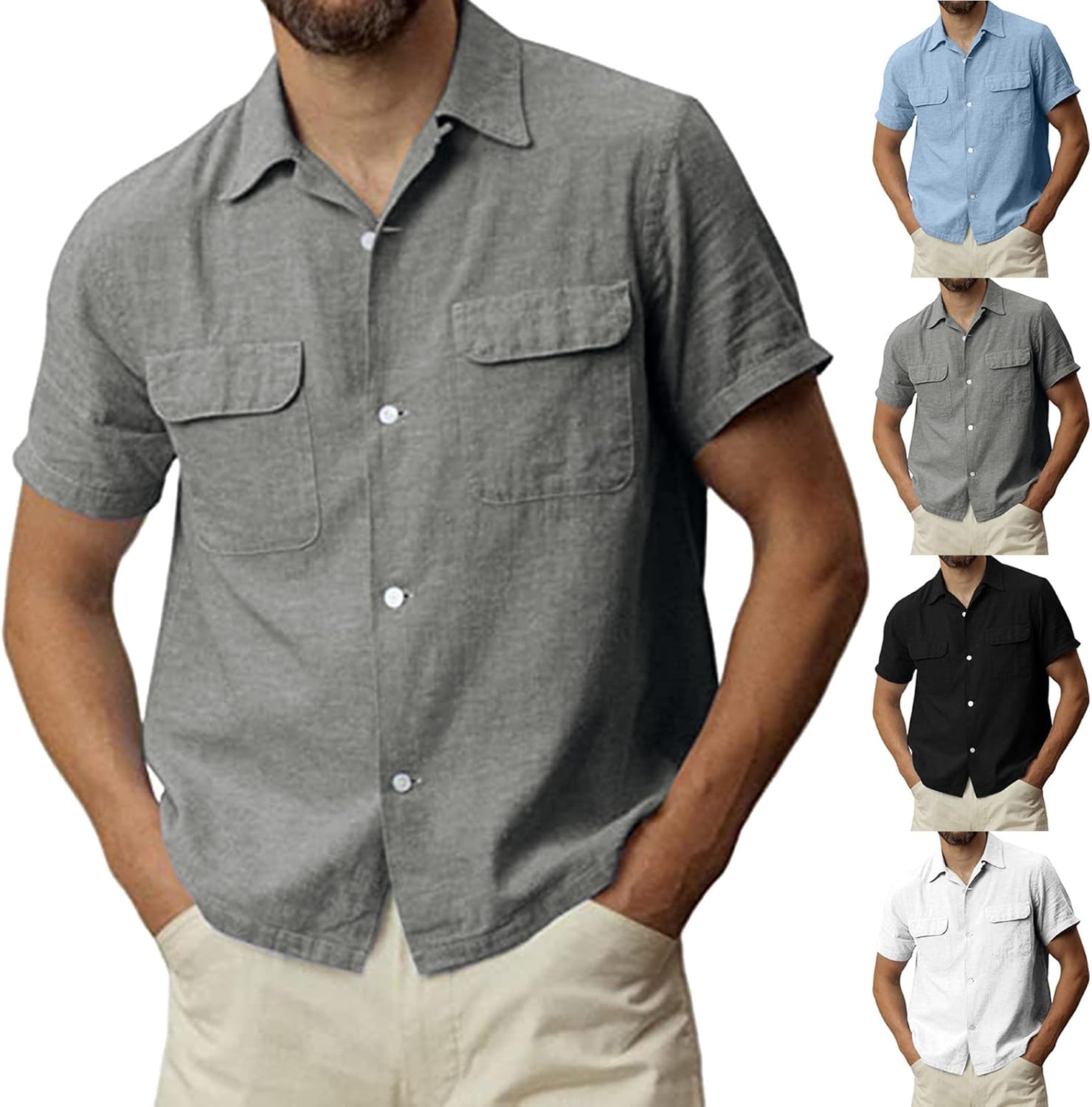 NOGOQU Men's Cotton Linen Short Sleeve Shirts Casual Collar