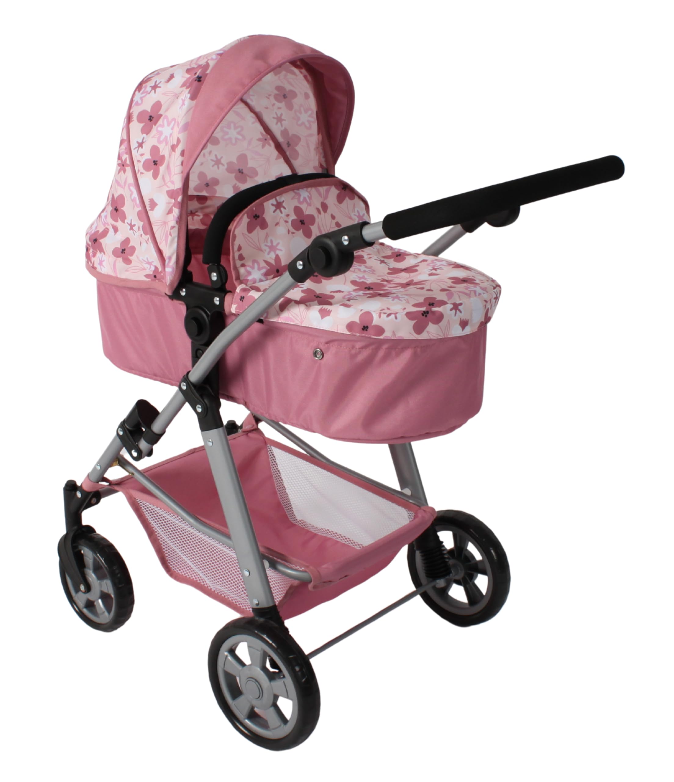 Bayer Chic 2000 Puppenwagen Nele | 2in1 Kombi-Buggy Flowers Rosa | Großer 2in1 Kombi-Puppenwagen mit umwandelbarer Wanne für Puppen bis 50 cm. Flowers Rosa, extra hoher Griff 45-84 cm.