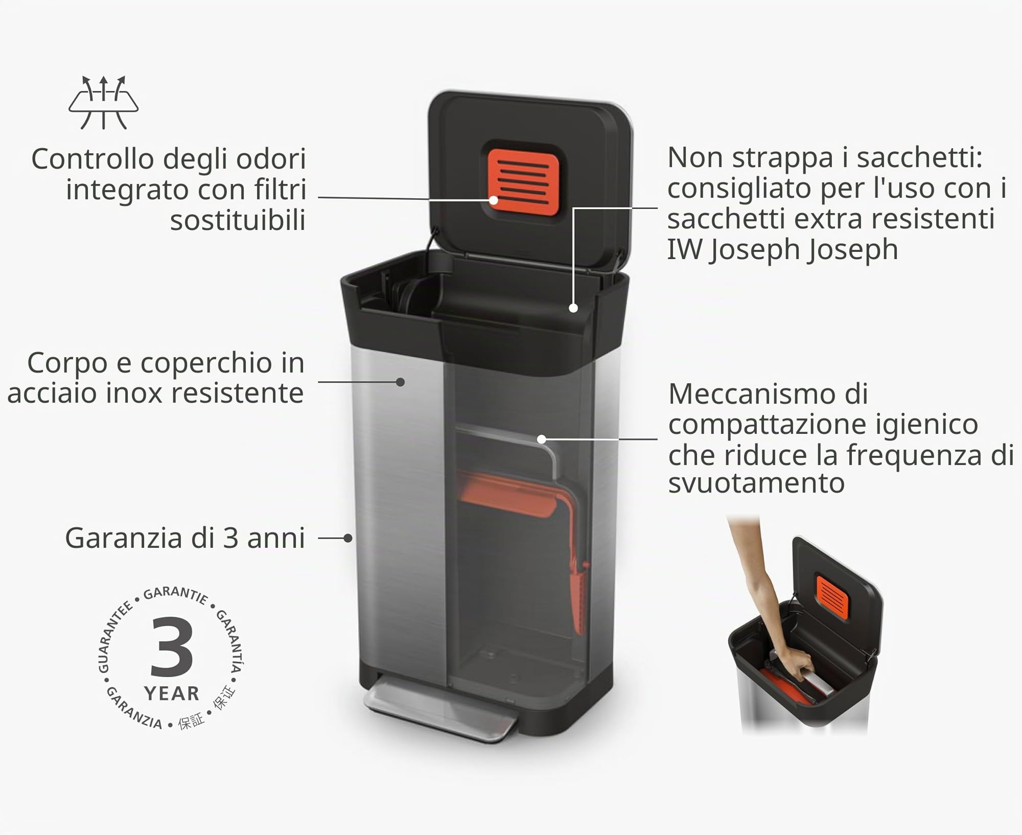 Joseph Joseph Titan 30L - Bidone Rifiuti da cucina con sistema di compattazione, Acciaio Inossidabile