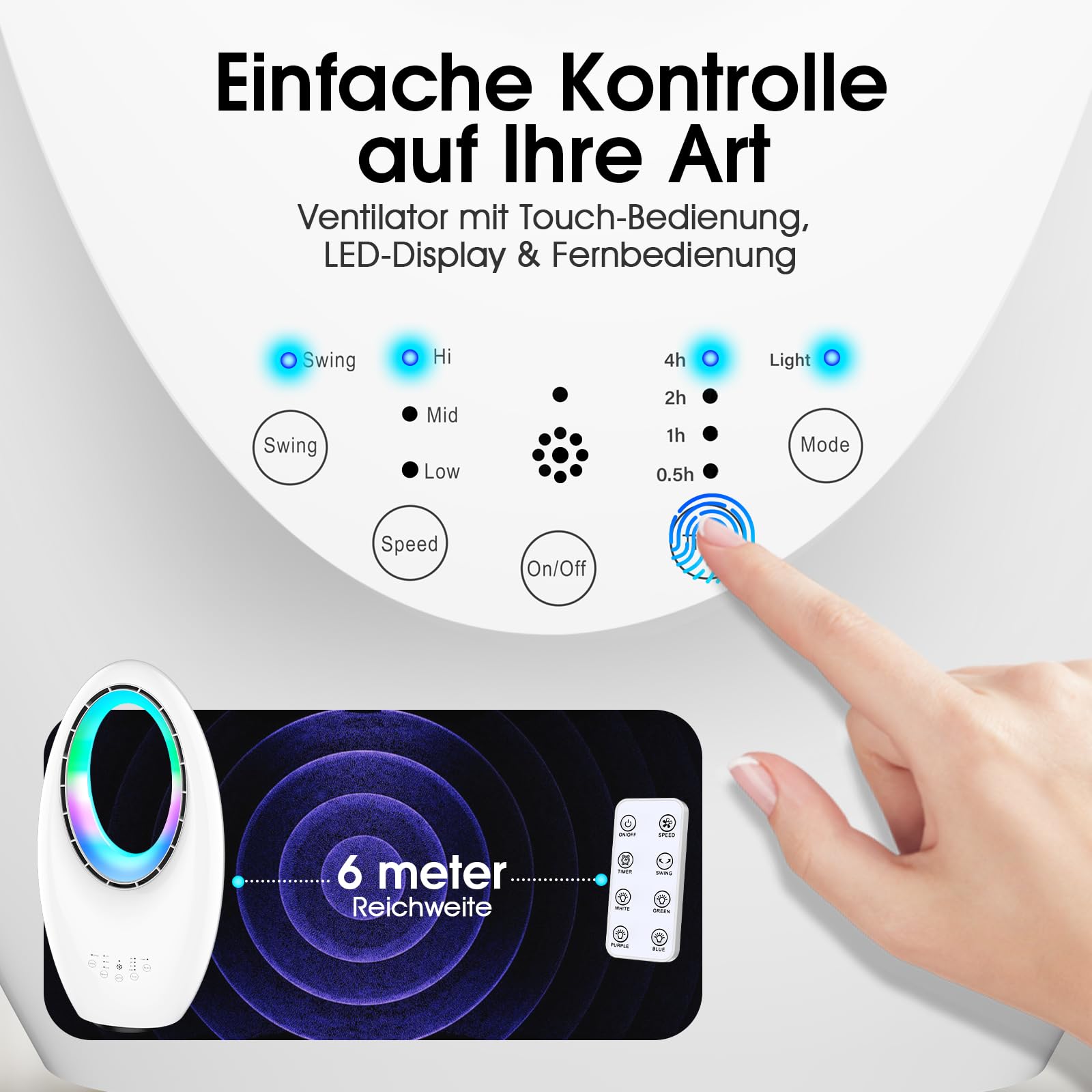 Ventilatore a Torre Senza Pale Silenzioso con Telecomando, 24 Velocità, 3 Modalità, Oscillazione 75°, Timer 12H, Illuminazione LED 4 Colori, per Camera da Letto, Ufficio e Soggiorno (Bianco1)