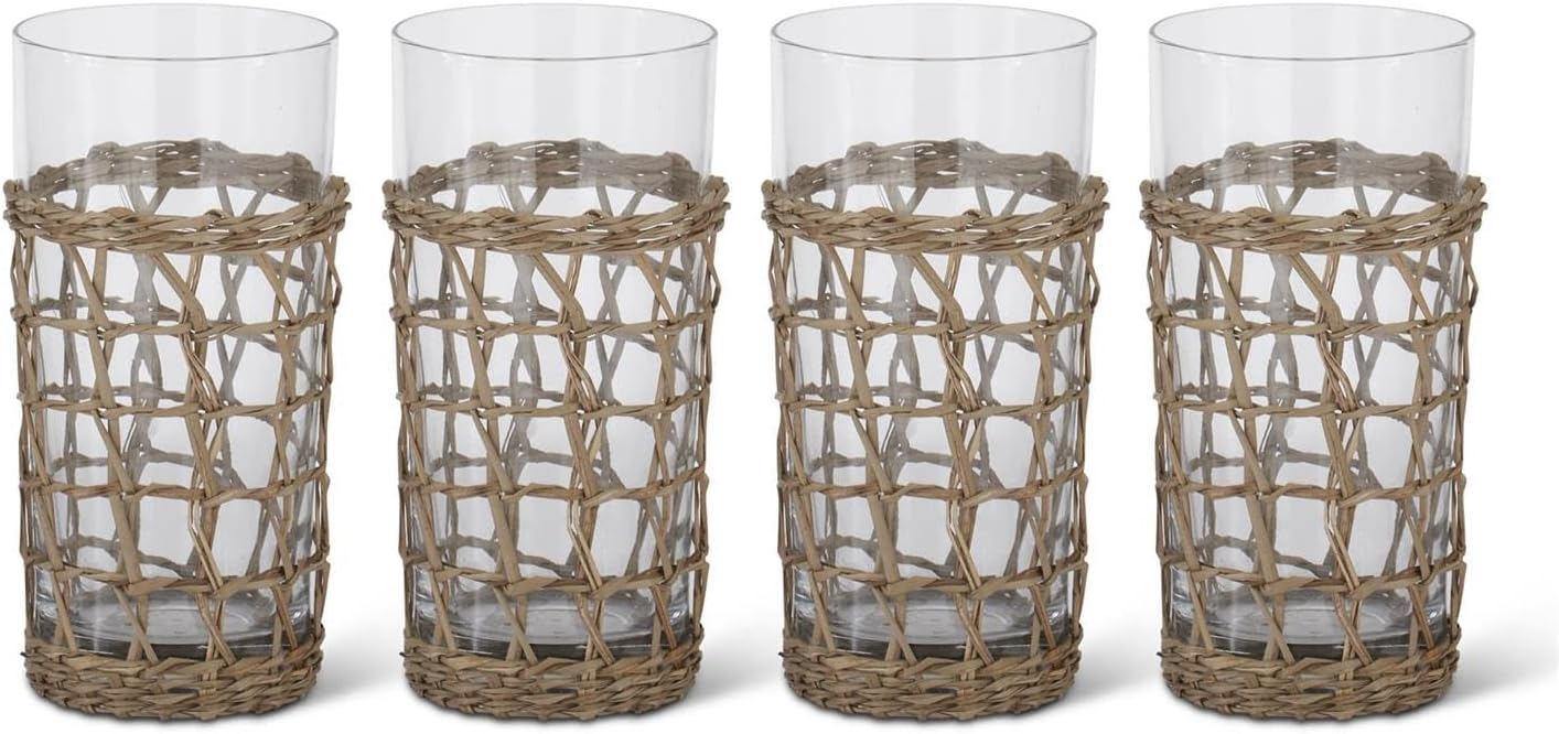 K&K Interiors Hand-Woven Cane & Glass High Ball Drinking Glasses, 6.25-Inch, Set of 4