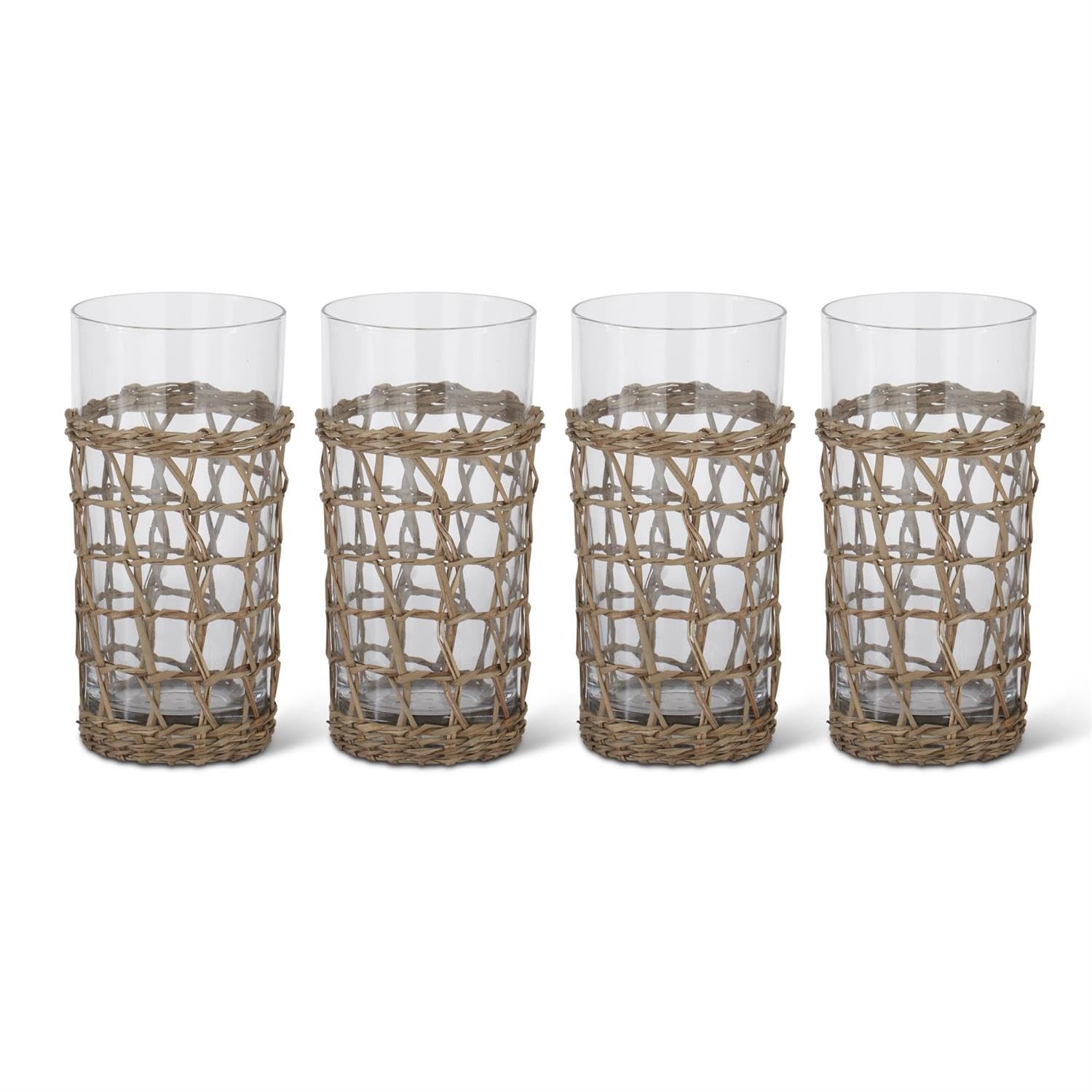 K K Interiors Hand-Woven Cane Glass High Ball Drinking Glasses 6 25-Inch Set of 4