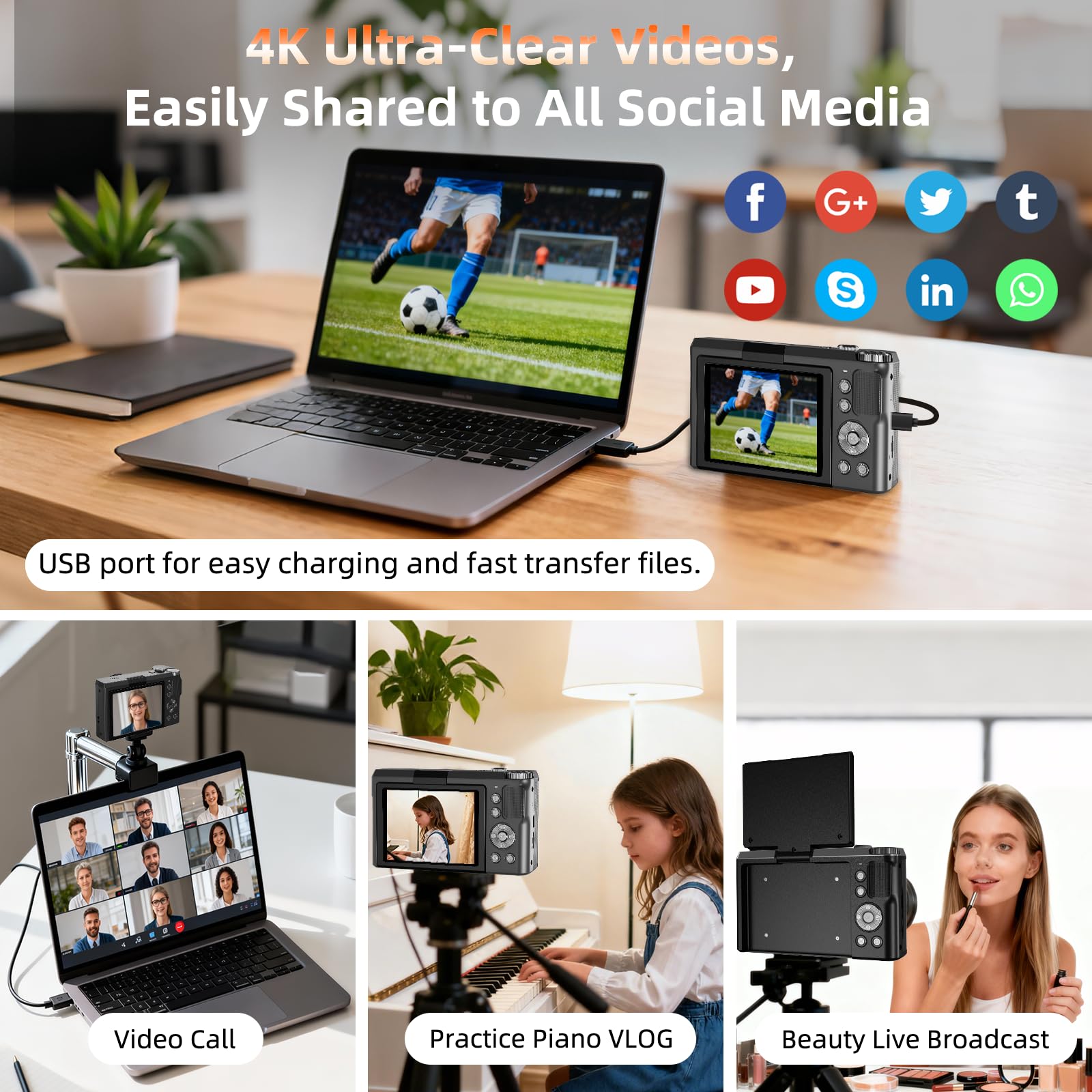 Fotocamera digitale 4K per fotografia e vlogging, autofocus da 56 MP, schermo flip a 180°, zoom 16x, fotocamera compatta da viaggio per bambini, ragazzi e principianti, scheda da 32 GB, tipo C