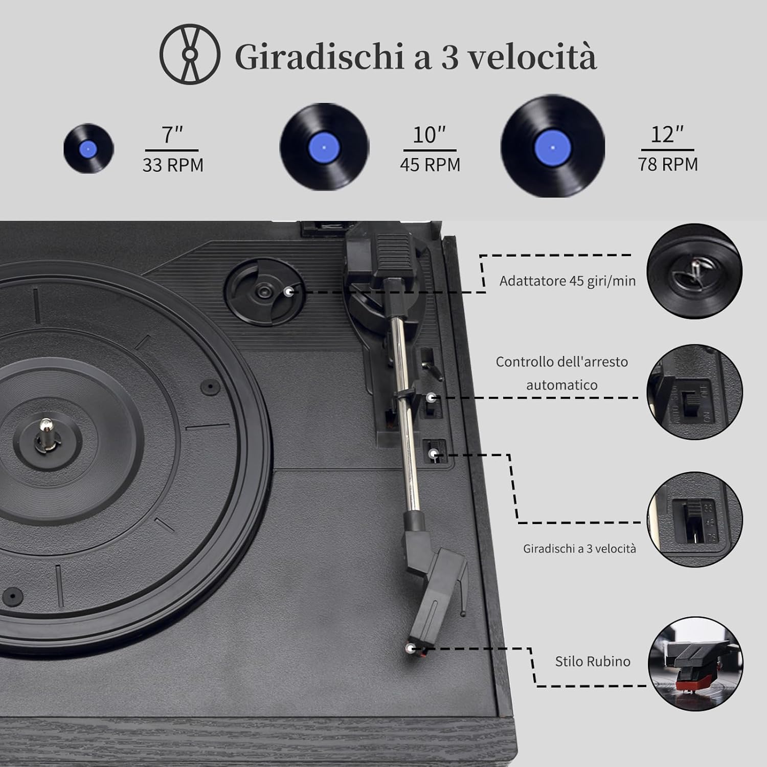 Close-up of the JORLAI turntable showing speed settings, auto-stop control, and stylus.
