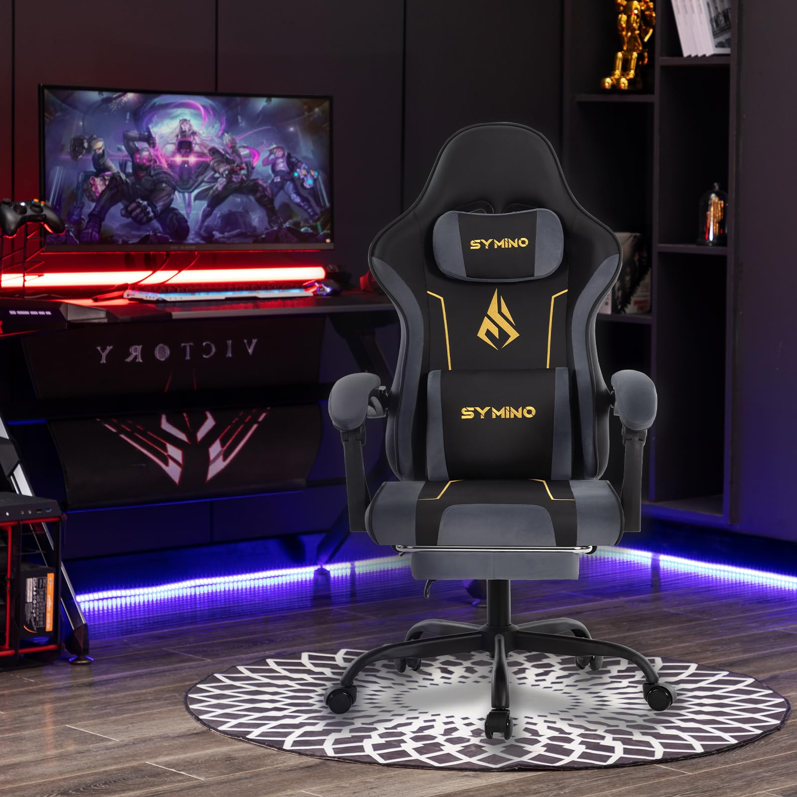 Symino Silla Gaming Ergonómica con Asiento de Látex – 150 kg, Reclinable con Reposapiés, Soporte Lumbar, Giratoria 360° para Oficina y PC