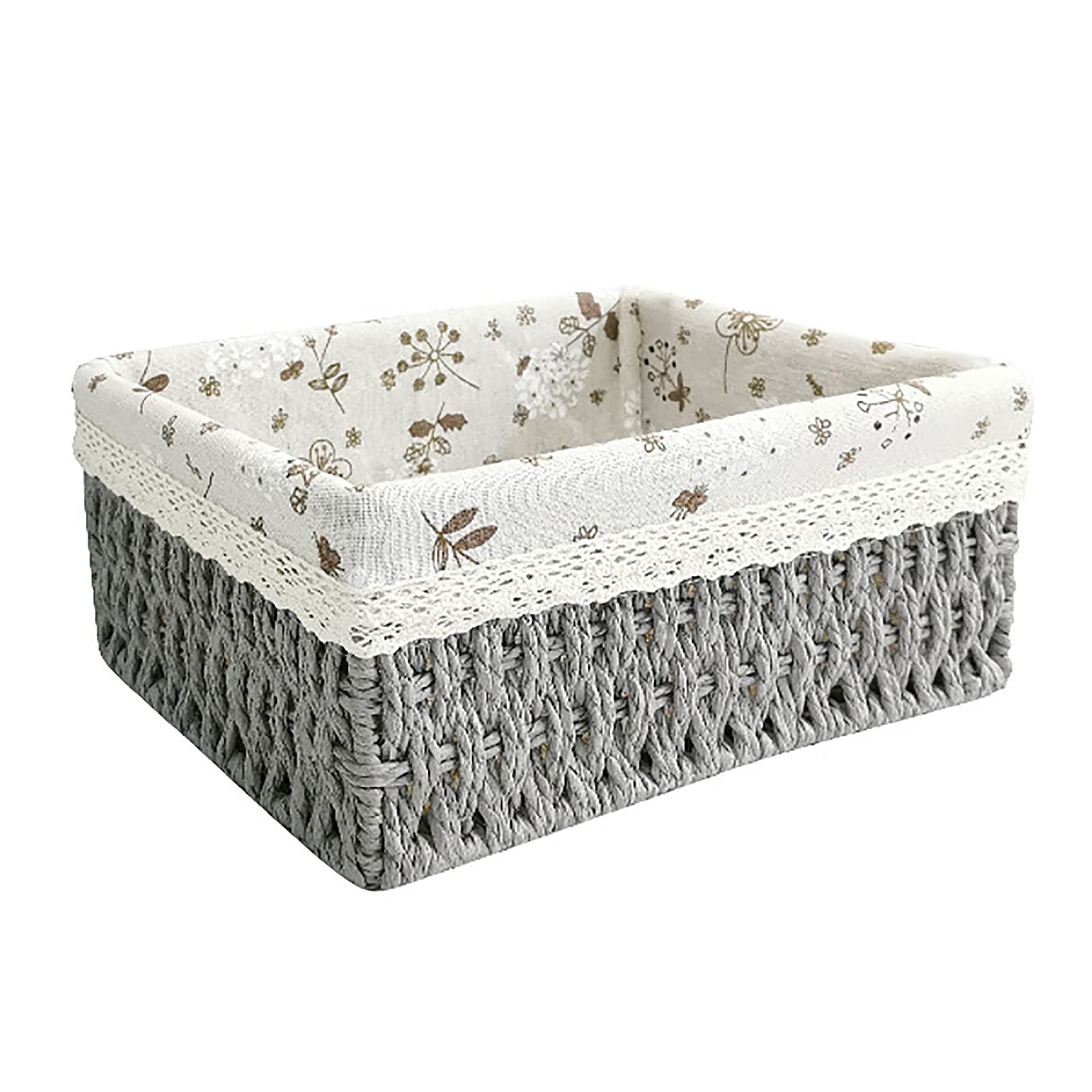 Pcscevcr Rattan Storage Basket, Wicker Baskets Bins with Removable Liners, Serving Trays Basket, for Bathroom Kitchen Home Desk Shelf Decor（Gray,L）