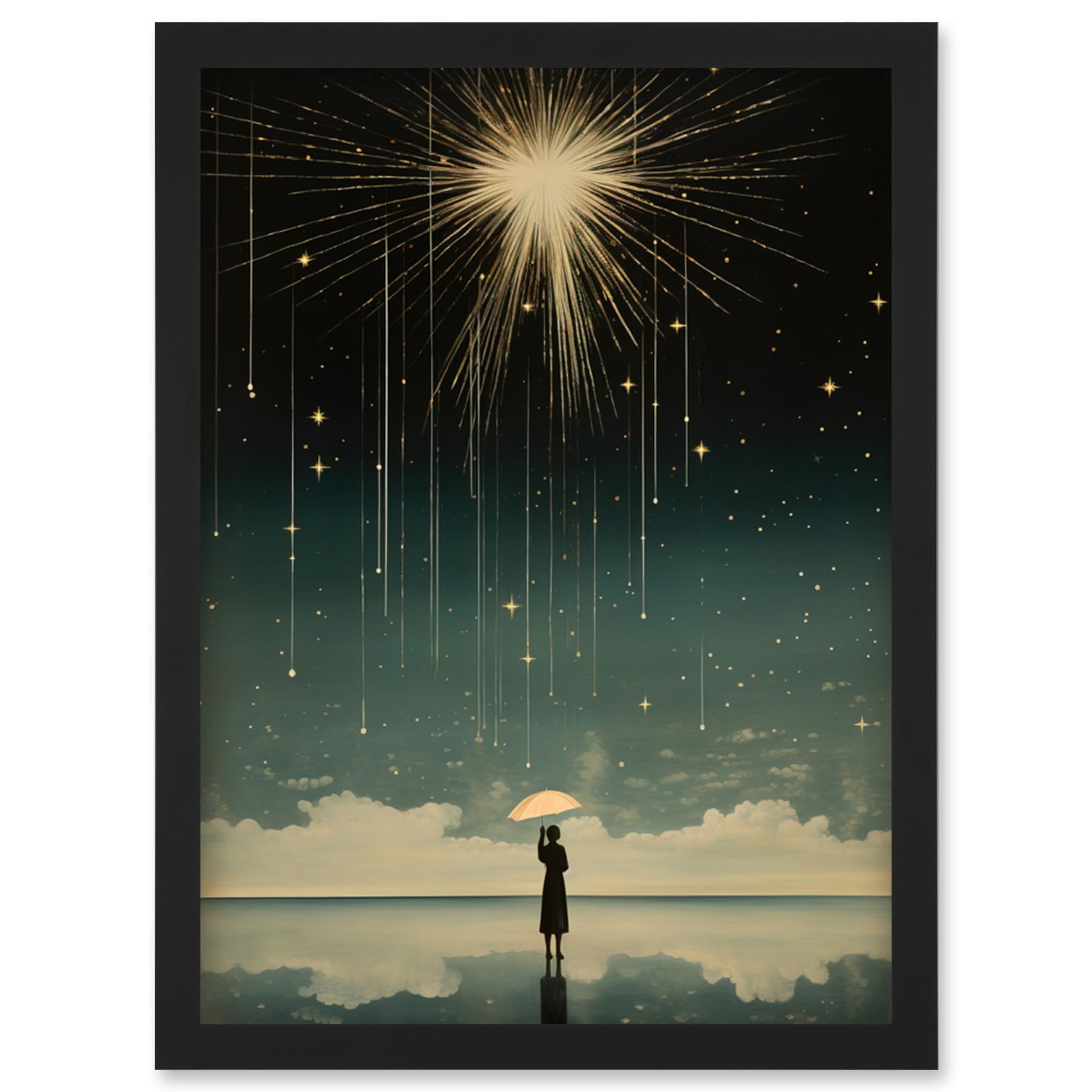 B&Q -  Falling Star Rain Dreamy Artwork Bright Star Wish Woman With Umbrella Fairytale Dreamscape Wall Art PrintA4 Size