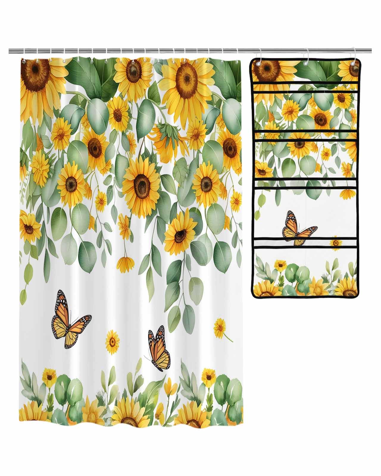 Decorative Shower Curtain Sets Country Polyester Fabric Waterproof Bath Shower Curtains Sunflowers Eucalyptus Leaves White Mesh Shower Caddy