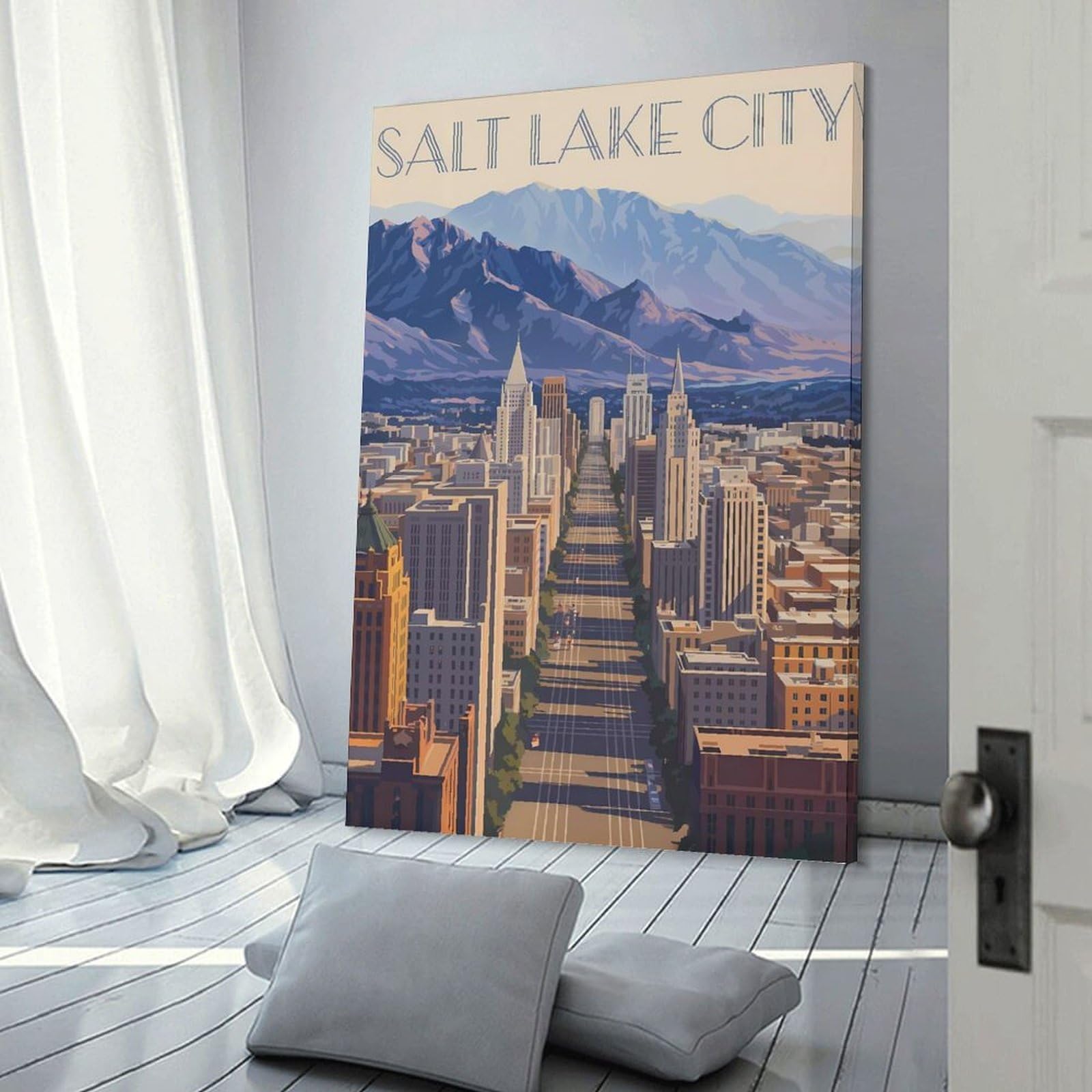Junmoney Salt Lake City Skyline Art Wall Picture Print 24x36inch(60x90cm), for Corridors, Hallways Or Apartment Entries, Wall Decor to Refresh Empty Corners