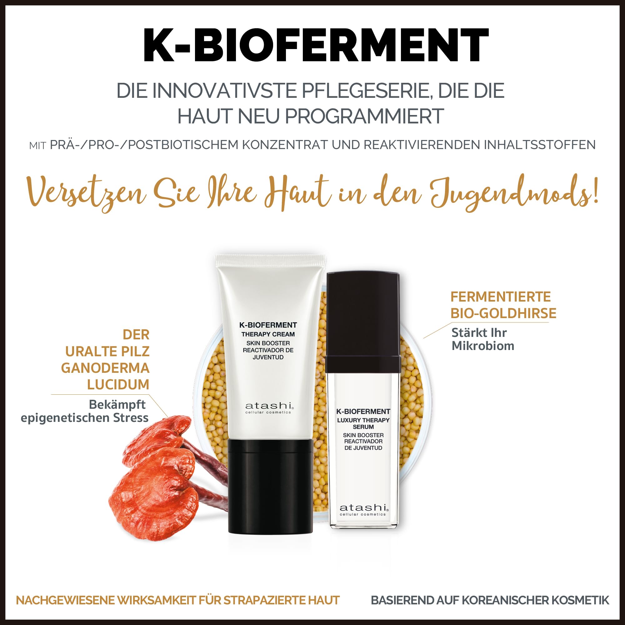 Atashi | Therapy Cream Skin Booster + Therapy Luxury Serum Skin Booster | Tagescreme mit Biofermenten | Anti-Ageing Revitalisierendes Regenerierendes Gesichtsserum | 50 ml + 30 ml | verfeinert Regeneriert und erneuert Mattiert, mindert Glanz und Poren Für