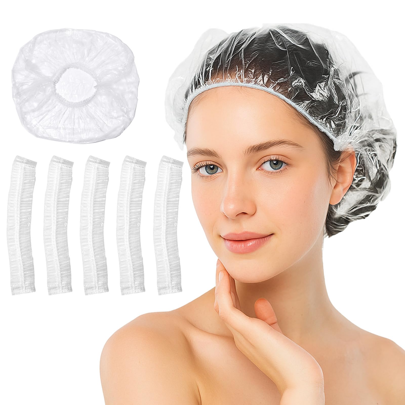 100Pcs Shower Caps Disposable, Disposable Shower Caps for Women, Large Thick Waterproof Shower Cap, Plastic Elastic Hair Bath Caps for Hair Treatment for Salon, Spa, Travel, Home Use, Hotel (White)