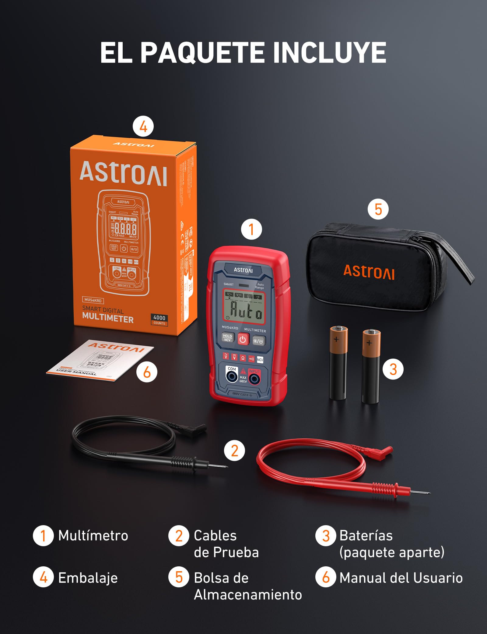 AstroAI Multímetro Digital Inteligente 4000 Cuentas, Polimetro Digital de Larga Duración, Tester Electricista de Rango Automático para Voltaje CA/CC, Resistencia y Continuidad