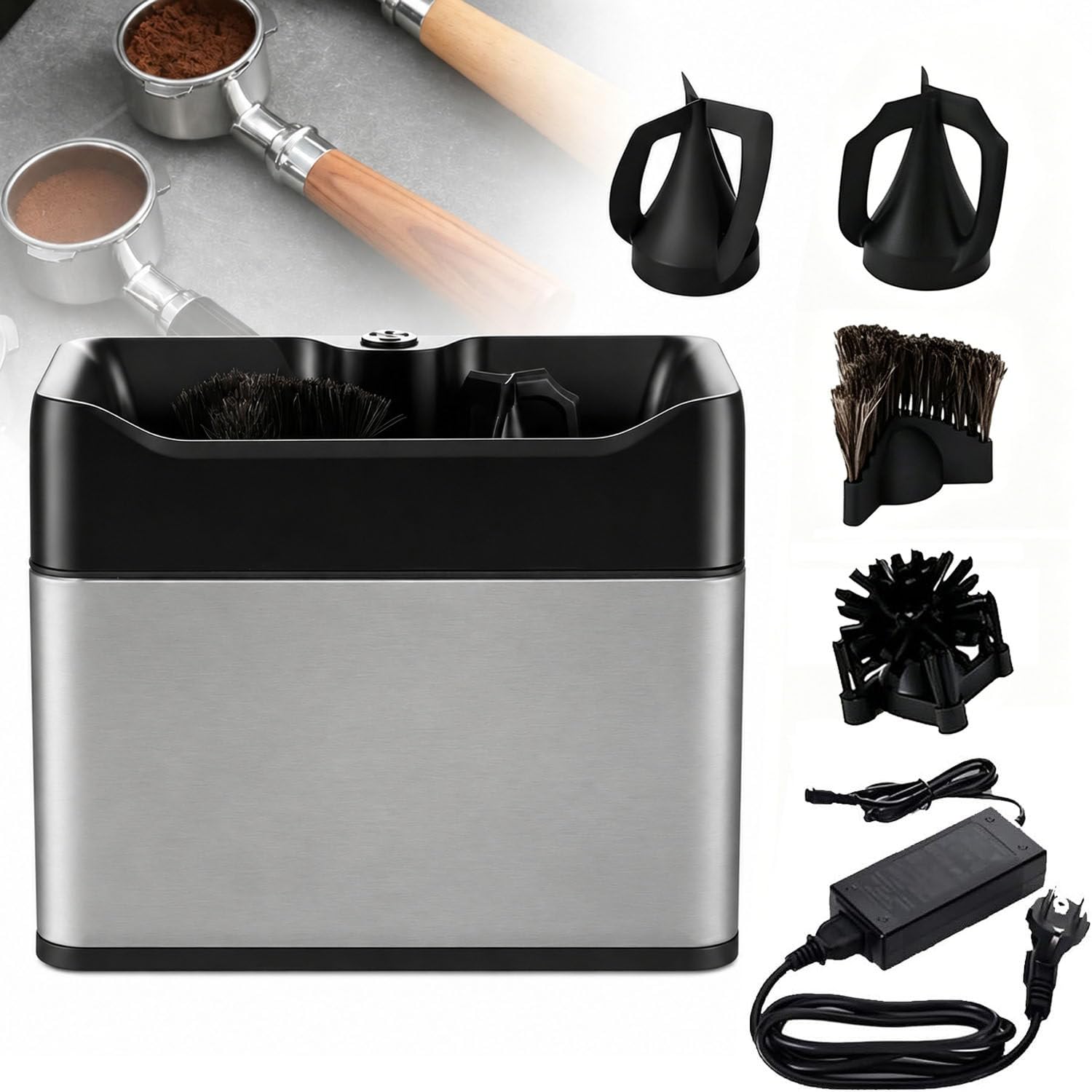 Portafilter Cleaner Electric with 2 Scrapers Fits 58mm Baskets Silver