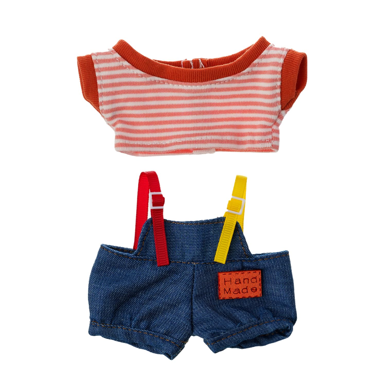 Nashibowu Kawaii Doll Clothes & Accessory Compatible with 17cm Labubu Dolls, Adorable Chic Outfit Featuring Striped Orange Crop Top + Denim Suspender