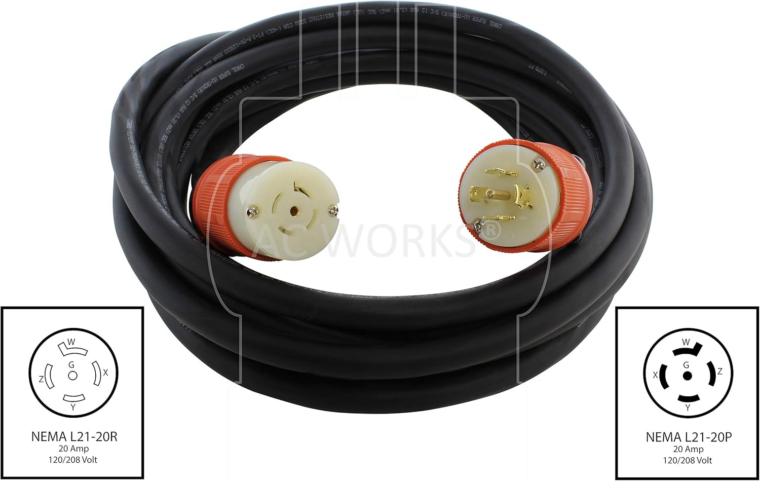 AC WORKS [L2120PR] SOOW 12/5 NEMA L21-20 20A 3-Phase 120/208V Industrial Rubber Extension Cord (10FT)