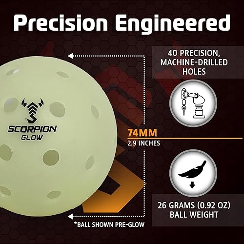 Miniatura 4 de SCORPION Paquete de 3 bolas de pickleball que brillan en la oscuridad, pelotas de pickleball para exteriores True Flight - Pelotas deportivas