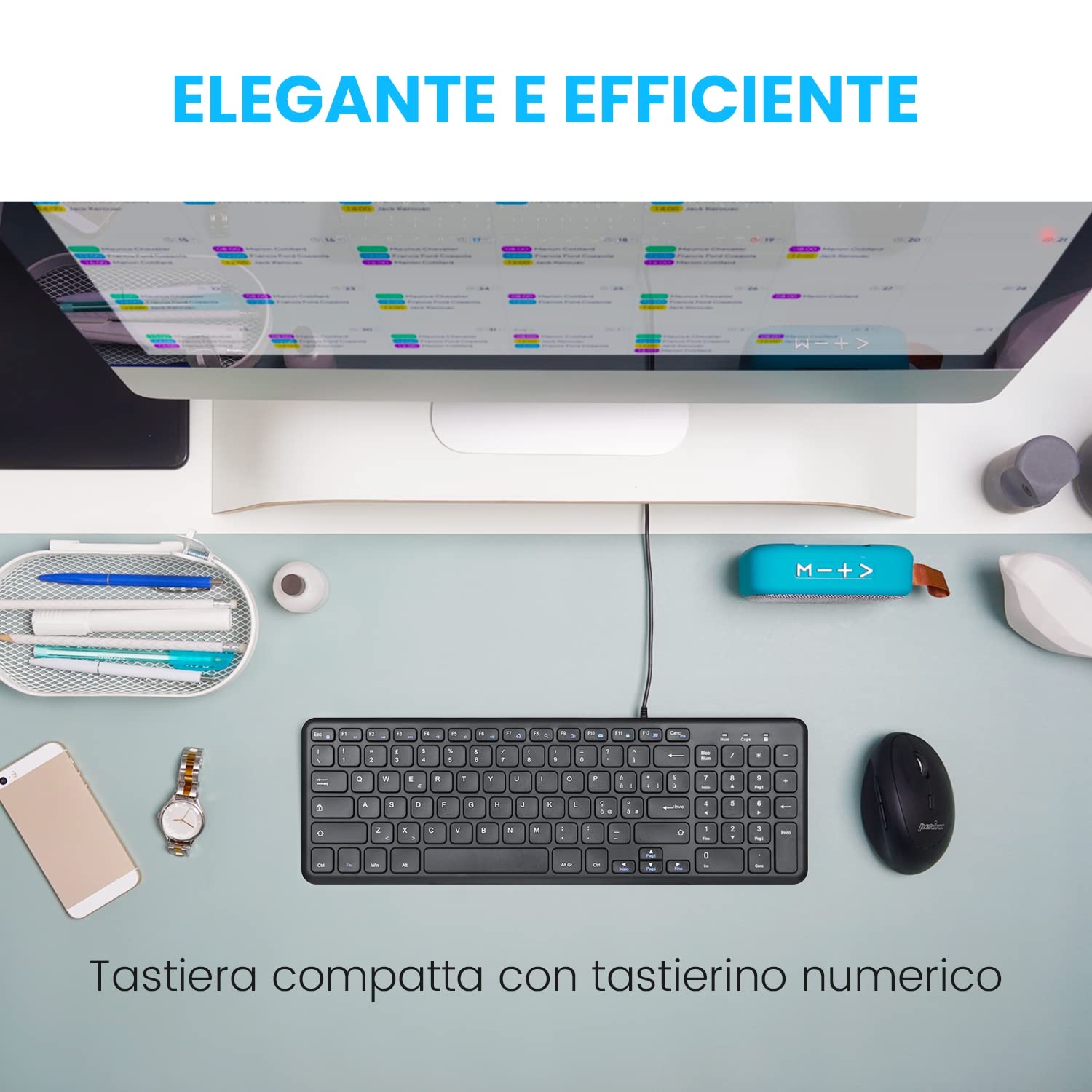 Perixx PERIBOARD-213B - Tastiera USB compatta cablata con tastierino numerico - Tasti silenziosi a basso profilo - Interruttori a forbice - Tasti multimediali - Layout italiano - Nero