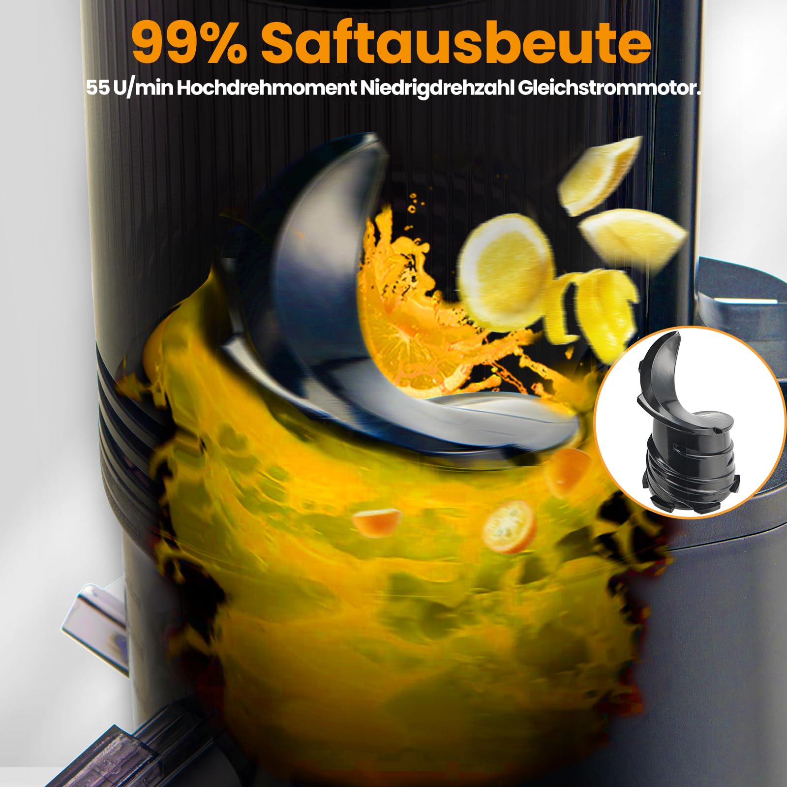 MAISON HUIS Entsafter Slow Juicer mit 13.5cm Extra Großem Einfüllschacht für Ganze Früchte und Gemüse, leicht zu Reinigen Entsafter Gemüse und Obst, Hohe Saftausbeute Juicer Machine,Schwarz