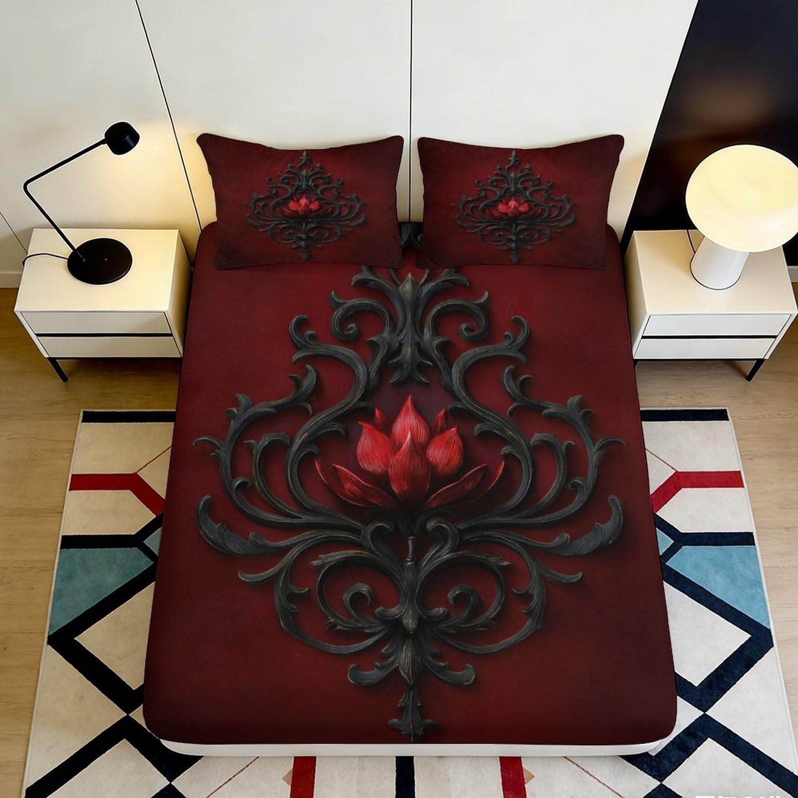Pnayamiorkfel Style-5 3D Printed Baroque Lotus Fitted Sheet Microfiber Decorative Red Floral Mattress Cover For Bedroom Guest Room 90X200x25cm