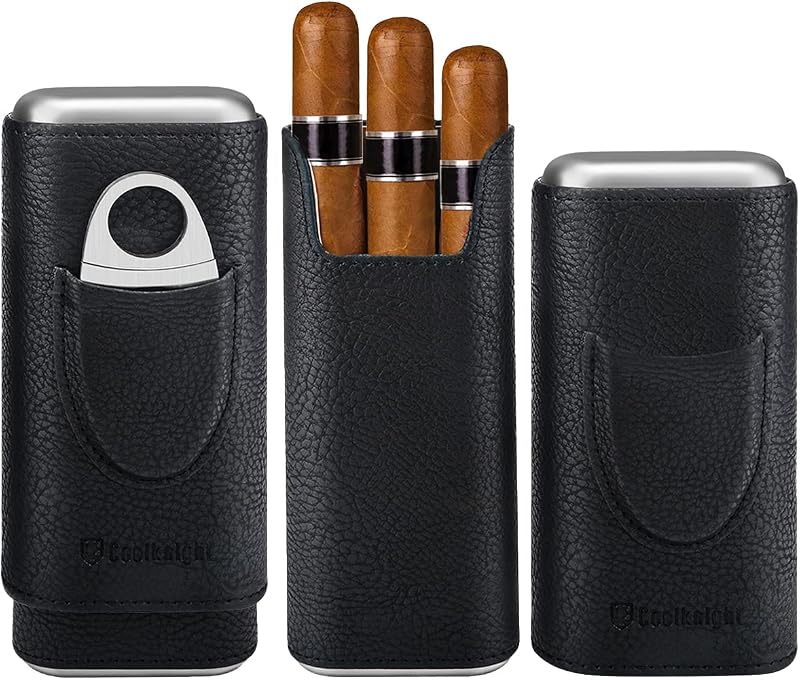 Leather Cigar Case - Cedar Wood Lining Travel Humidors for Cigars - Cigar Accessories Include Stainless Steel Cigar Cutter - Cigar Gift Box for Cigar Lovers (Black)