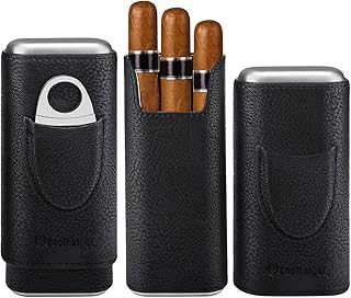 COOL KNIGHT Leather Cigar Case - Cedar Wood Lining Travel Humidors for Cigars - Cigar Accessories Include Stainless Steel Cigar Cutter - Cigar Gift Box for Cigar Lovers (Black)