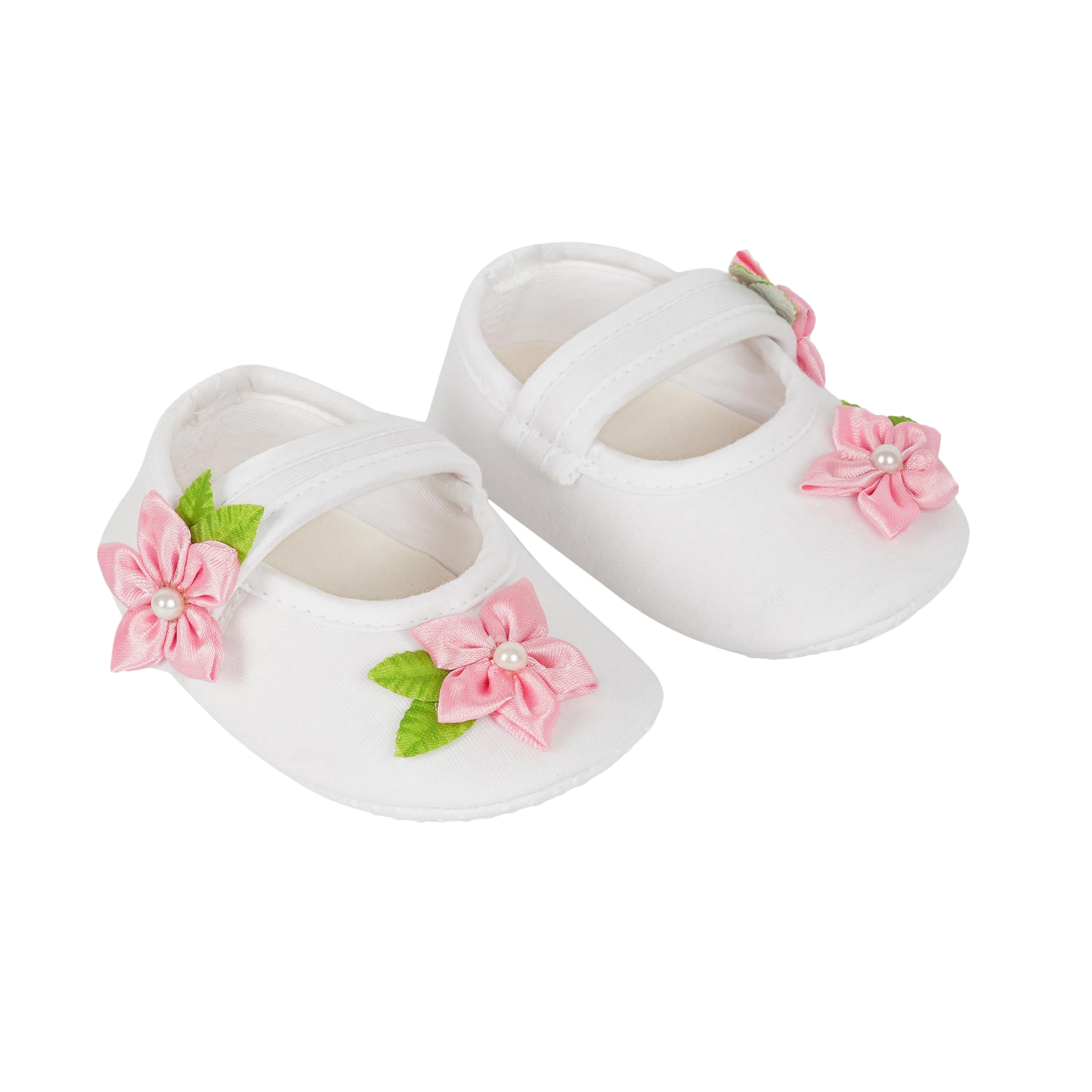 Infant New Baby Toddlers Boys and Girls Cotton White Sandal Booties With Pink Flower Patch [RSM_19]