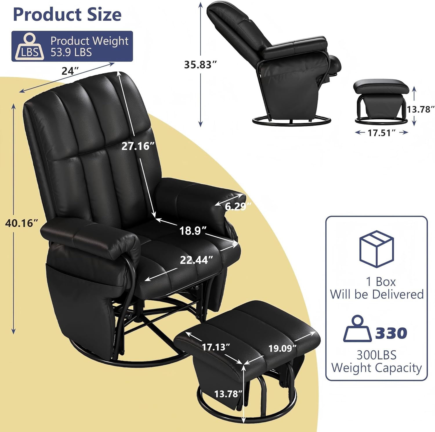 AODAILIHB 360° Swivel Glider Recliner with Ottoman, Nursing Glider Rocking Chair with Foot Rest & 2 Side Pockets for Nursery, Living Room, Bedroom, Office, Black