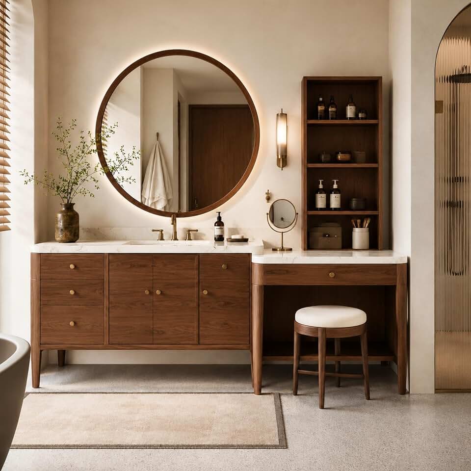 112 IN Freestanding Single Sink Bathroom Vanity with Makeup Station & Stool