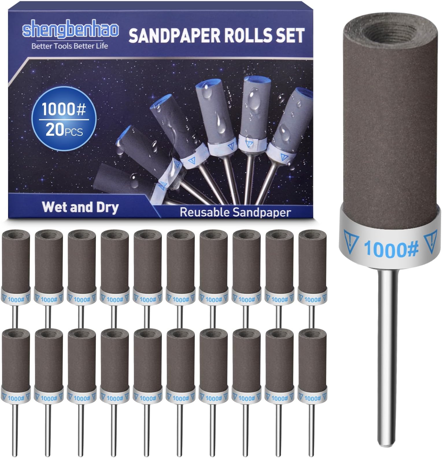 ‎shengbenhao 20PCS 1000 Grit Sanding Drums Sandpaper Sticks Set Compatible with Dremel Rotary Tool Accessories with 1/8 inch Shank for Metal Rust Removal/Jade Polishing/Stone Grinding/Sanding