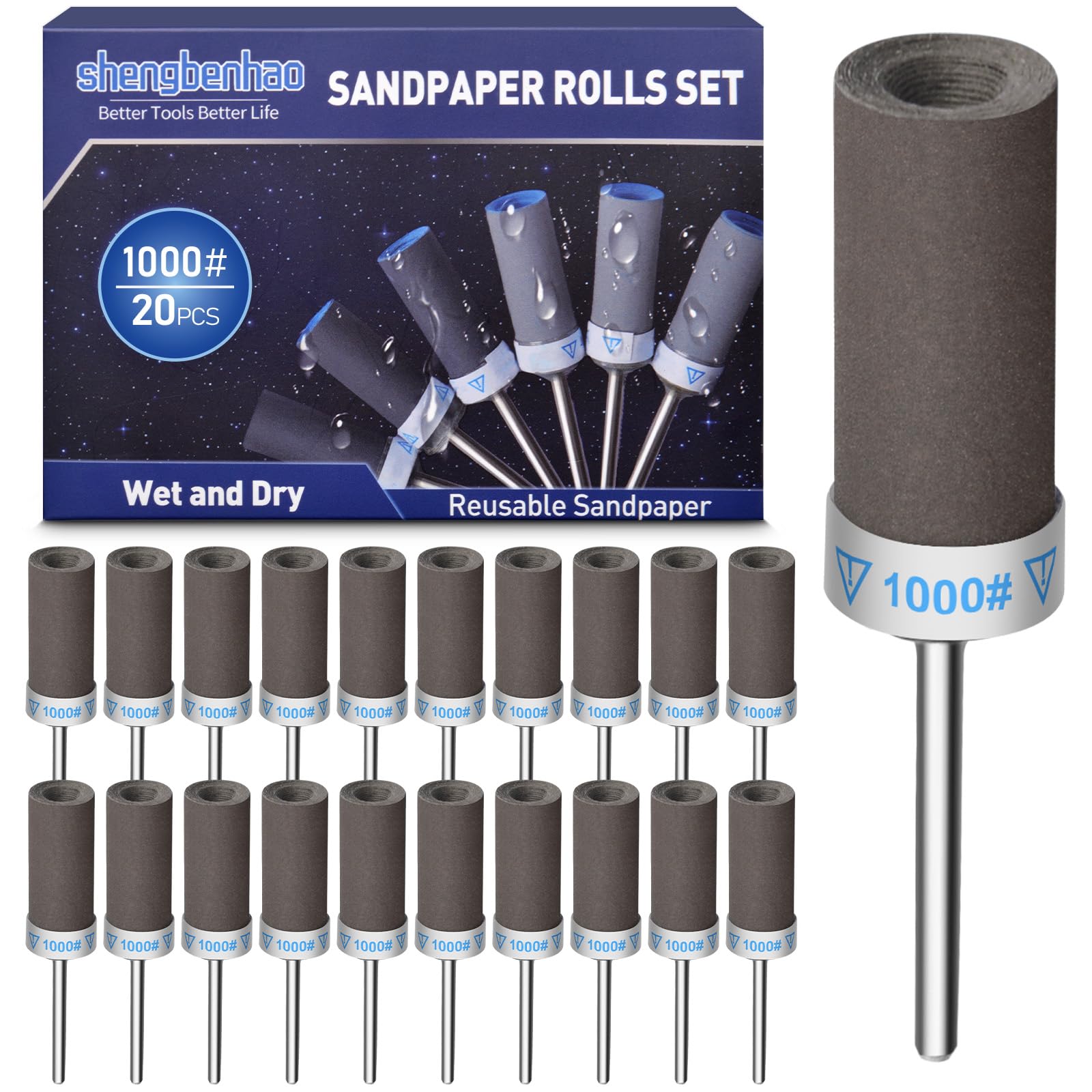 ‎shengbenhao 20PCS 1000 Grit Sanding Drums Sandpaper Sticks Set Compatible with Dremel Rotary Tool Accessories with 1/8 inch Shank for Metal Rust Removal/Jade Polishing/Stone Grinding/Sanding