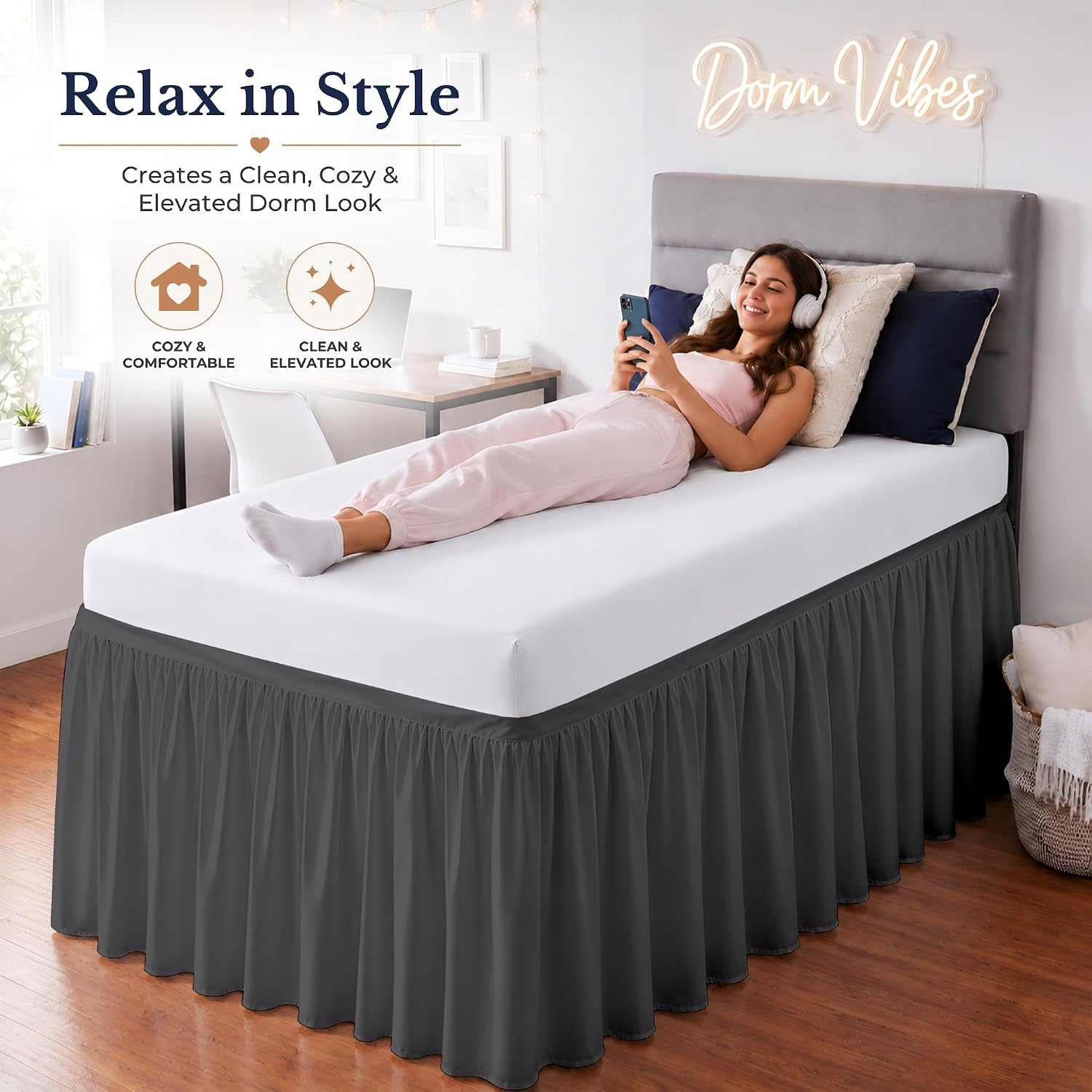 SGI bedding Dorm Bed Skirt Twin XL 48 Inch Drop Length - Dark Grey, Ruffled Pattern College Dorm Room Bed Skirts - Split Corner, Easy Care, Wrinkle Free 1800 Series Microfiber Bed Skirt image 3