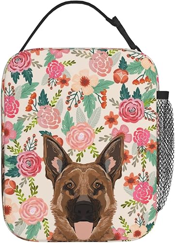 Miniatura 2 de wzialfpo Bolsa de almuerzo portátil con diseño de flores de pastor alemán de moda para niños y niñas, bolsa de almuerzo suave, bolsa térmica gruesa