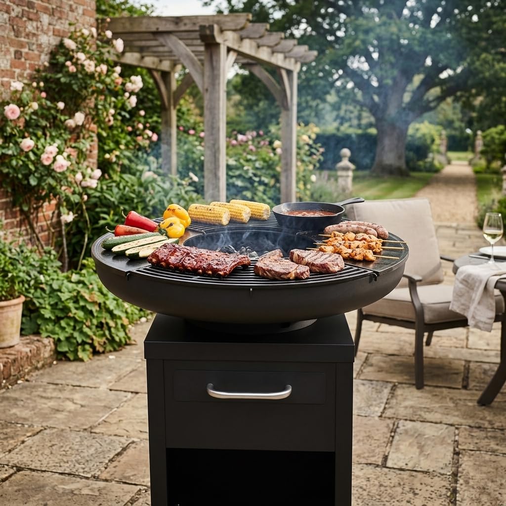 Bali Outdoors Grand Brasero Plancha Ø 80 x 92 cm in ferro, set di cottura esterno con piastre e griglie rimovibili, camino riscaldante da giardino e terrazza