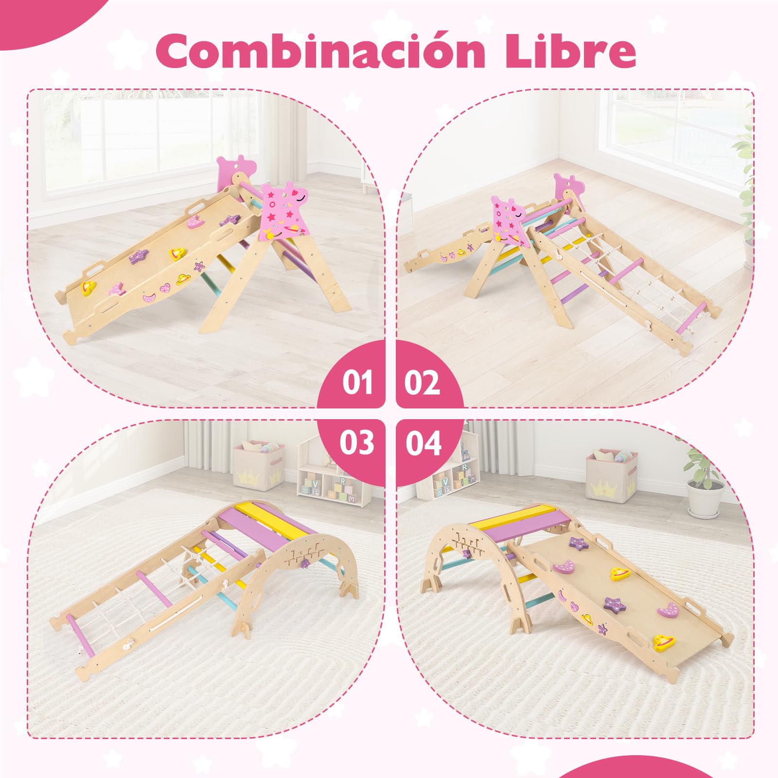 GOPLUS Triángulo de Escalada 9 en 1, Montessori Escalador Infantil Plegable con Tobogán, Estructura de Escalada con Arco, Rampa, Slide Aprendizaje para Niños de 1+ Año, Carga 50KG (Macaron,Unicornio)