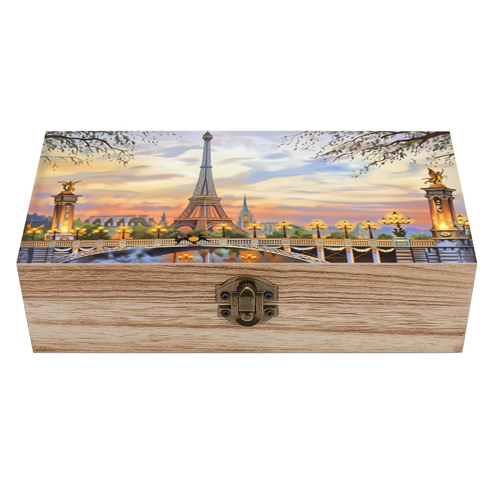 asbwuo Eiffel Tower at Sunset Vintage Wooden Keepsake Box