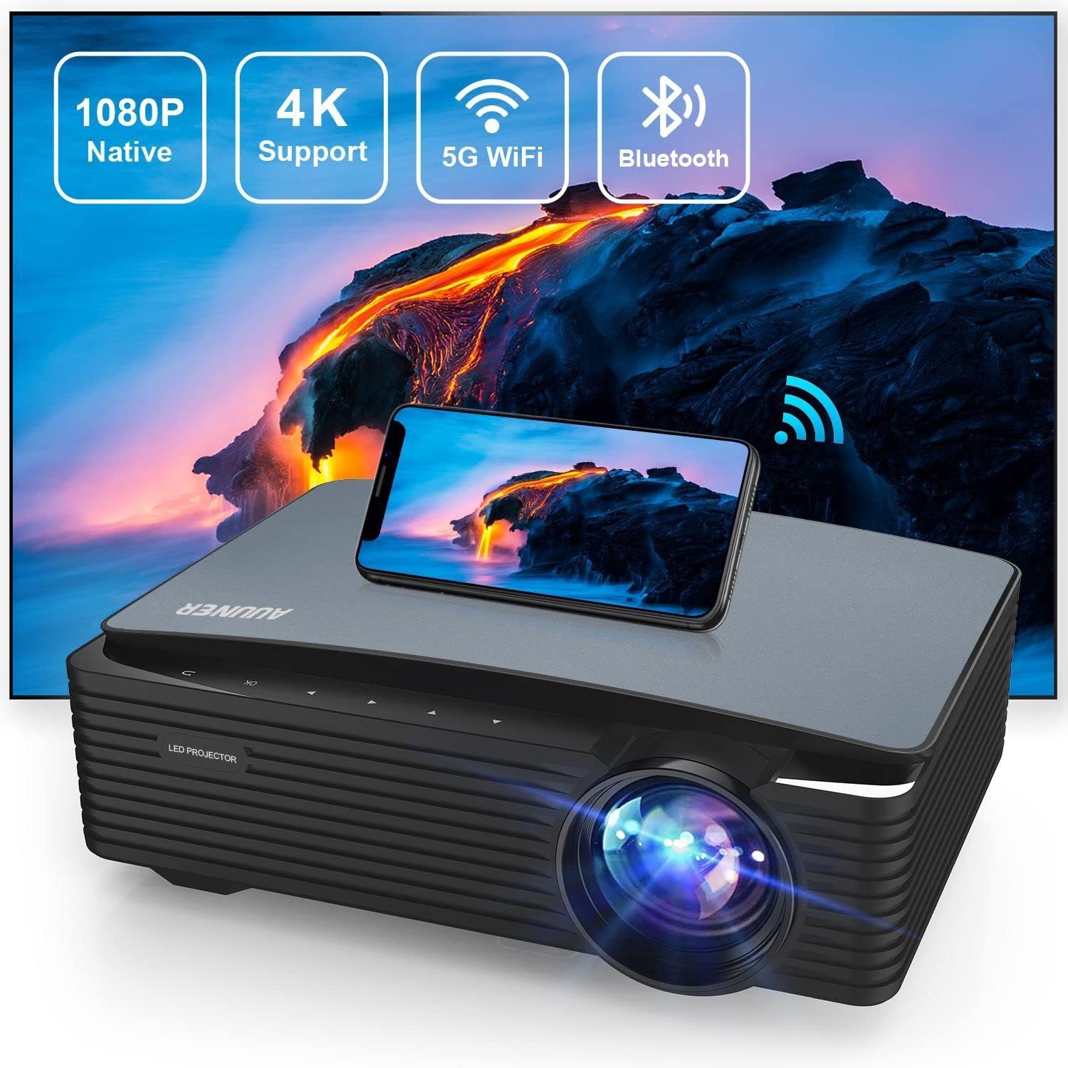 AUuner 5G WIFI Bluetooth Projector with Electric Focus and Digital Zoom, 9500 Lumens - 300 Inch Display, 1080P Phone Projector for TV Stick, Netflix IOS Android